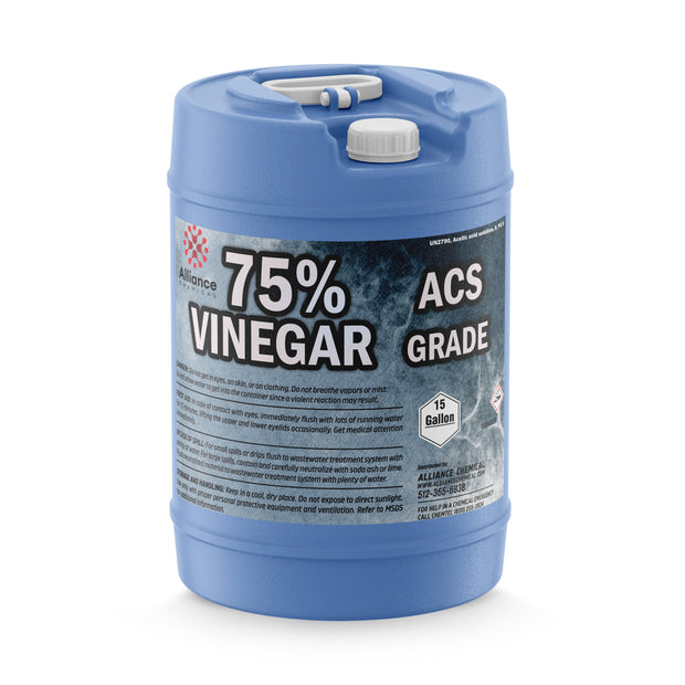 15-gallon HDPE carboy of 75% ACS-grade vinegar, distributed by Alliance Chemical, industrial-strength acetic acid solution