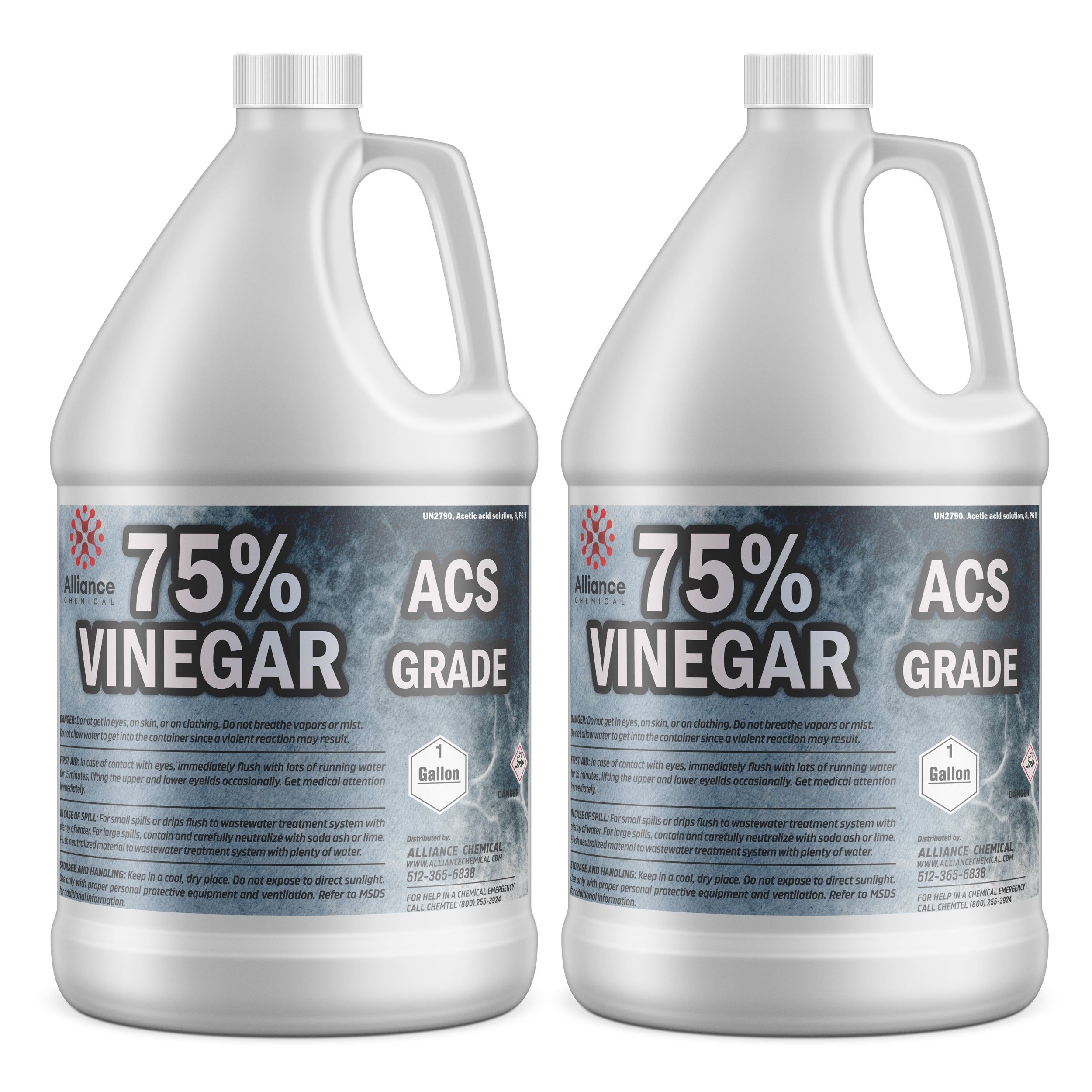 2x 1-gallon HDPE jugs of 75% ACS-grade vinegar (acetic acid solution) with safety warnings, industrial labeling, and Alliance Chemical branding.