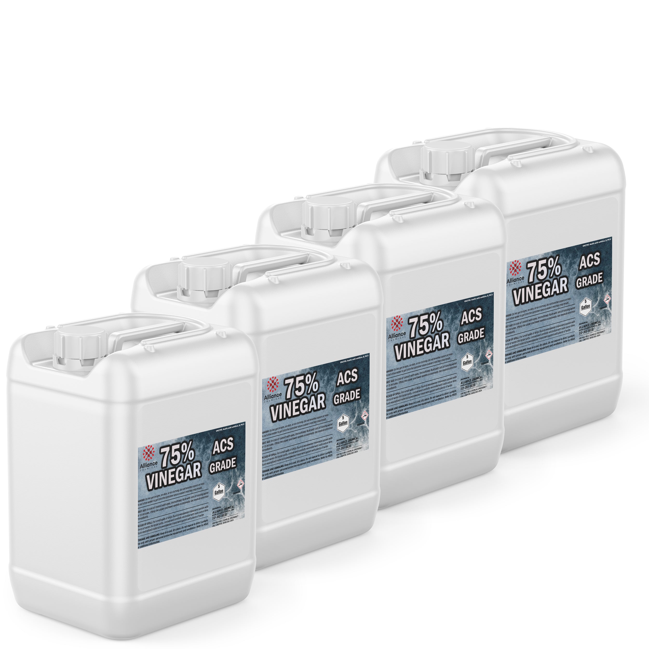 20-gallon set (4x5gal) of 75% ACS-grade vinegar in white HDPE containers with corrosive warning labels and secure screw-top closure system.
