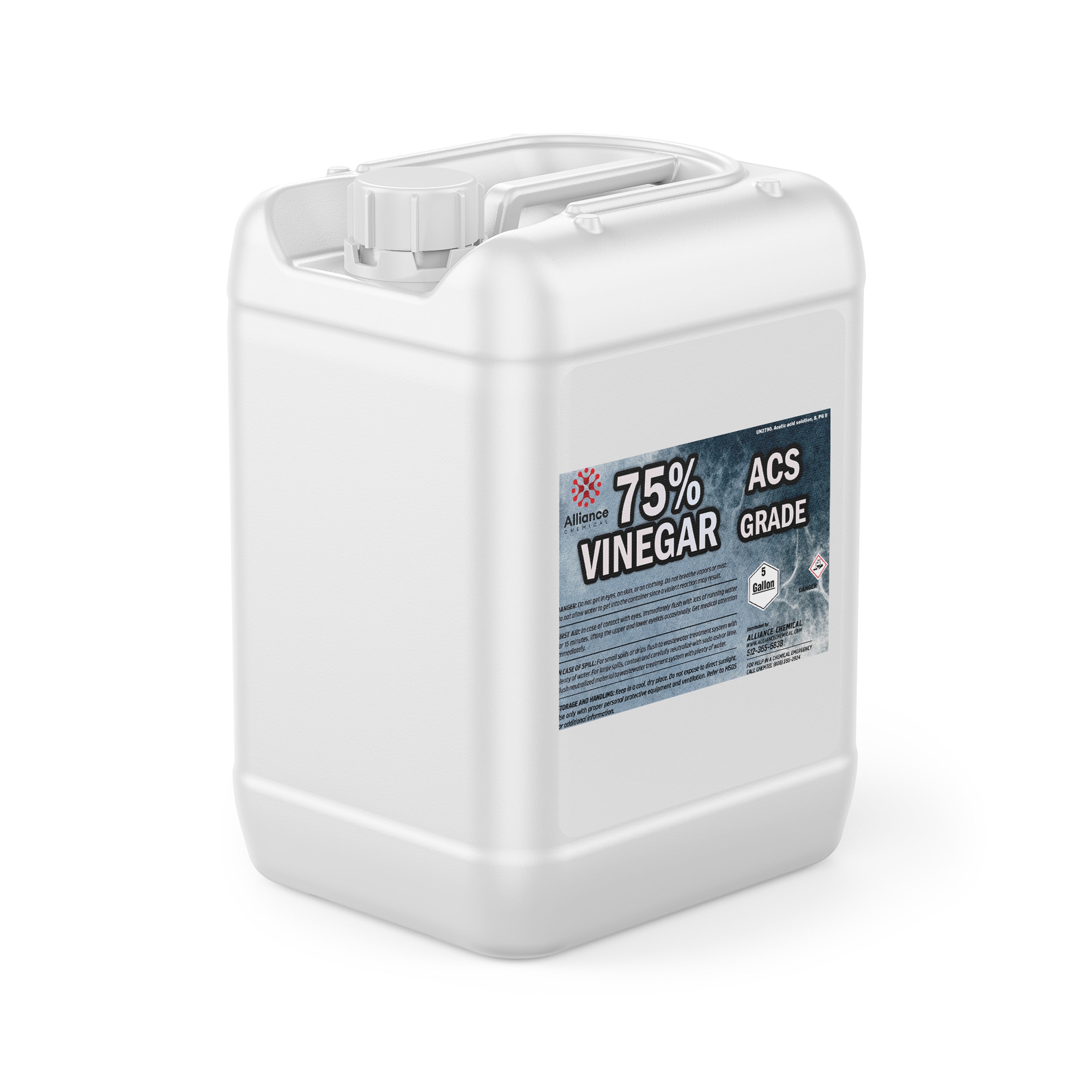 5-gallon white HDPE container of 75% ACS-grade vinegar, featuring Alliance Chemical labeling and hazard warning symbols, industrial-strength bulk packaging.