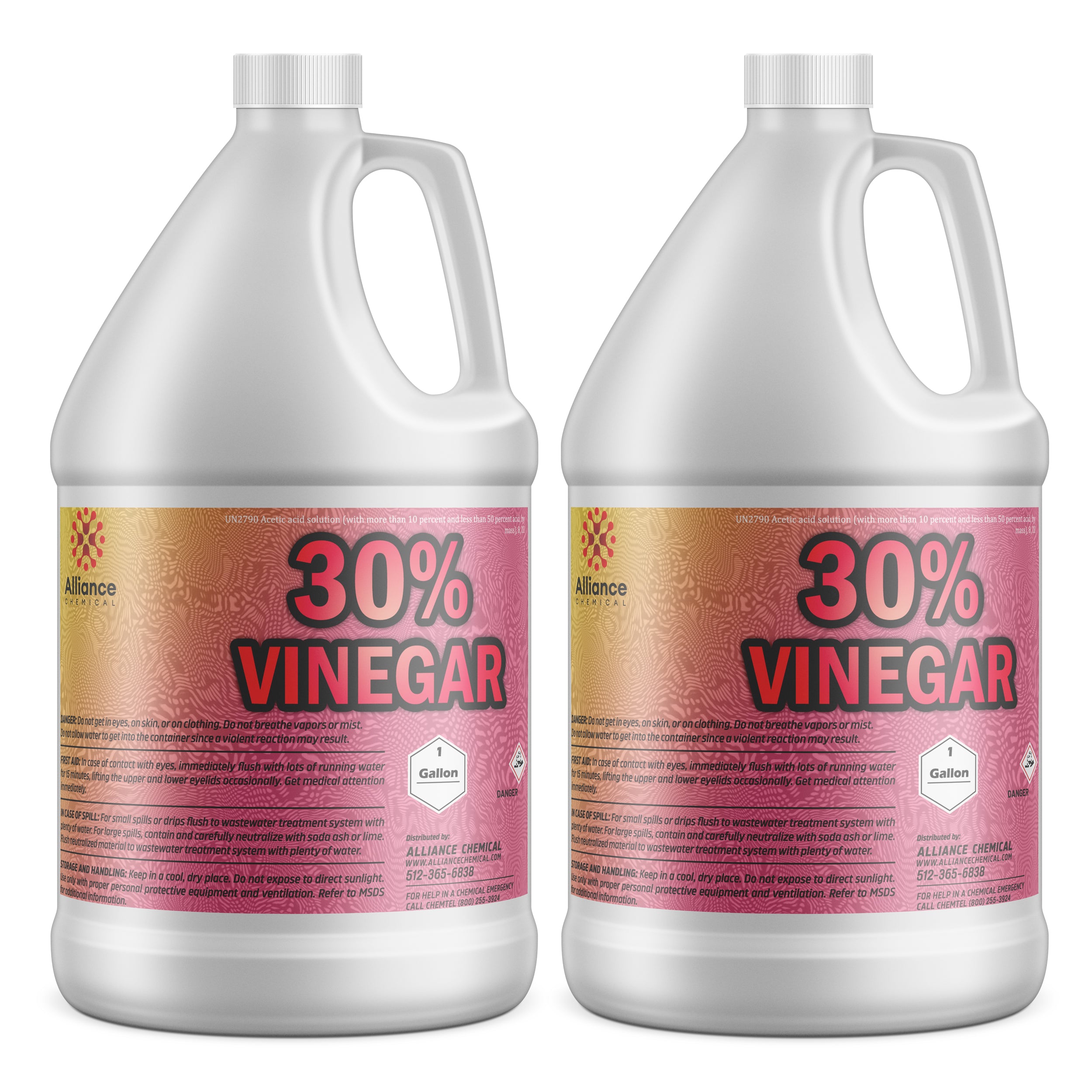 2-gallon industrial-strength 30% concentrated vinegar solution in white HDPE jugs with safety warnings, hazard symbols, Alliance Chemical branding.