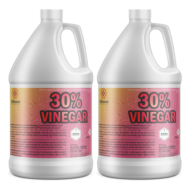 2-gallon industrial-strength 30% concentrated vinegar solution in HDPE jugs, hazard symbols, Alliance Chemical branding