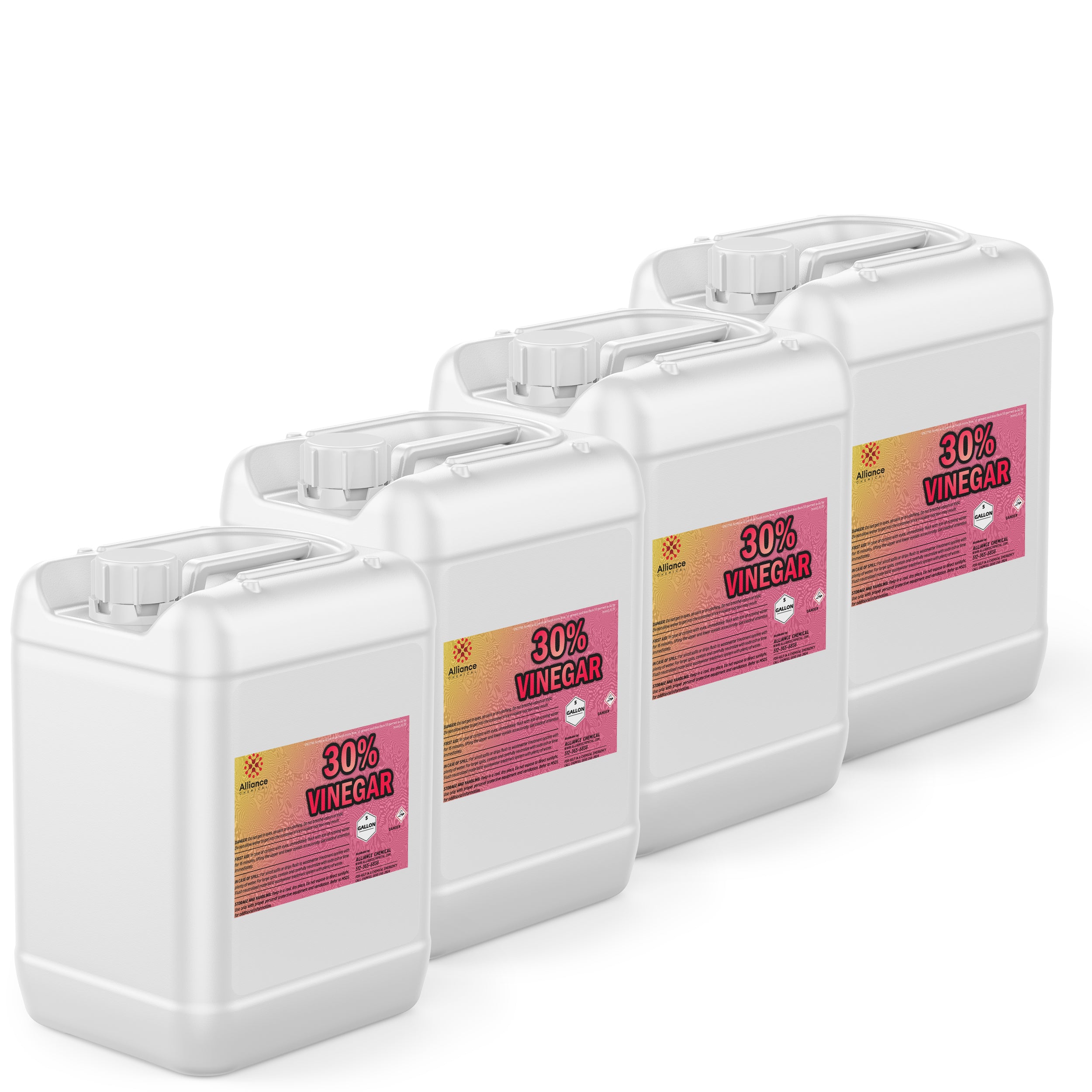 20-gallon set of Alliance 30% concentrated industrial vinegar in white HDPE containers with safety-labeled screw caps, OMRI-certified.