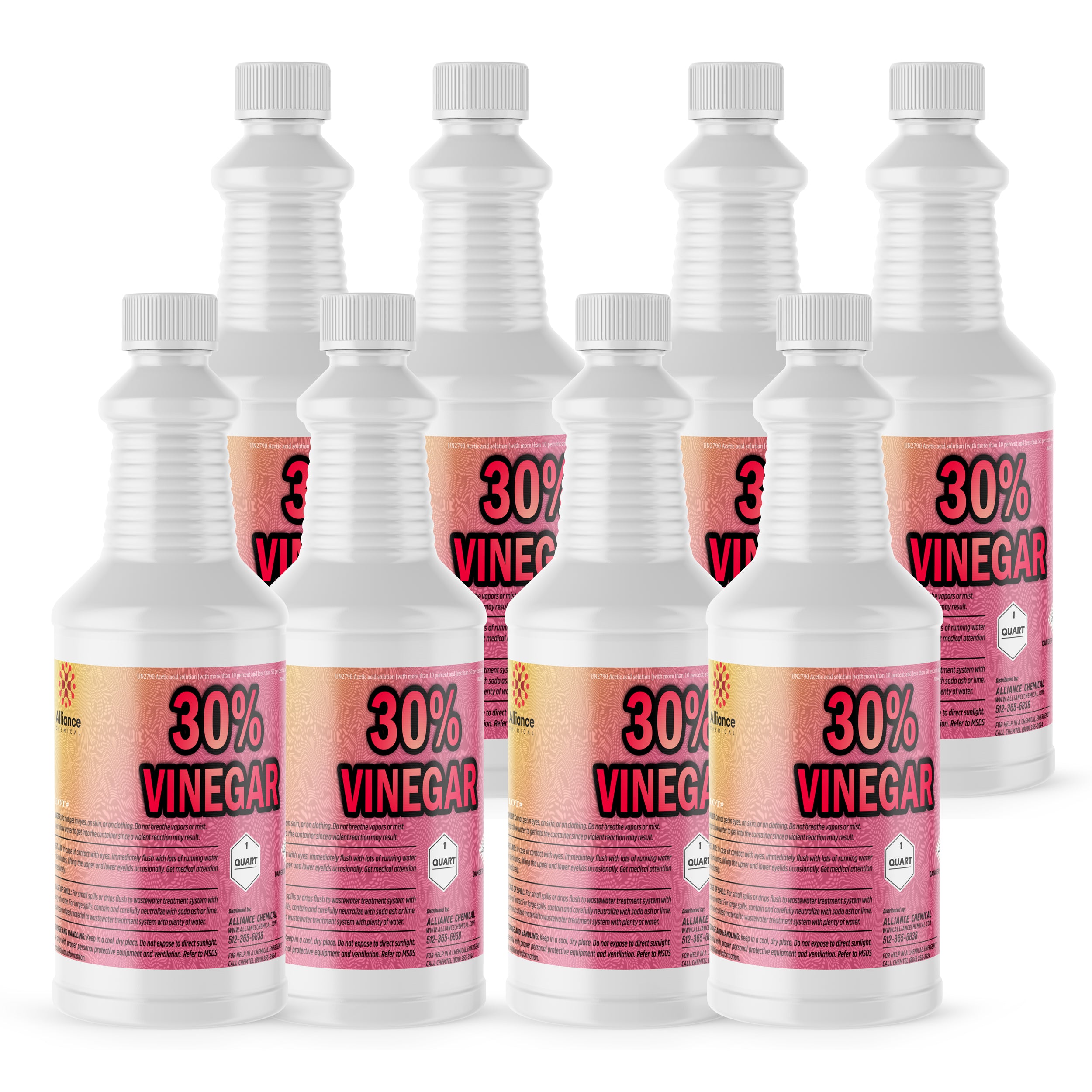 8-quart set of 30% concentrated industrial vinegar in white HDPE bottles with ribbed design, pink labels and safety warnings, 1-quart per container.