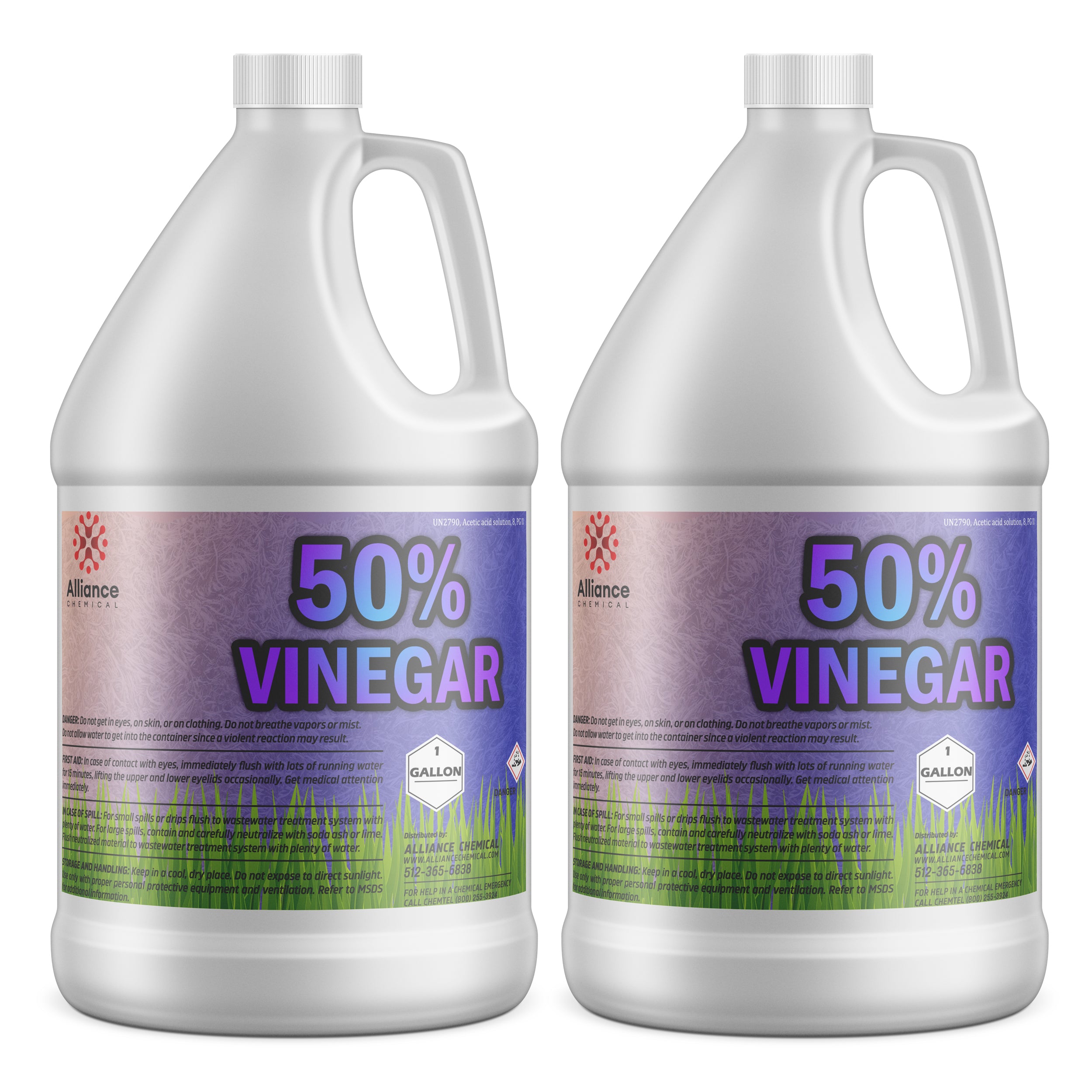 2-gallon HDPE jugs of Alliance Chemical 50% concentrated vinegar solution, industrial-grade, with safety warnings and grass-themed label design, hazard symbols.
