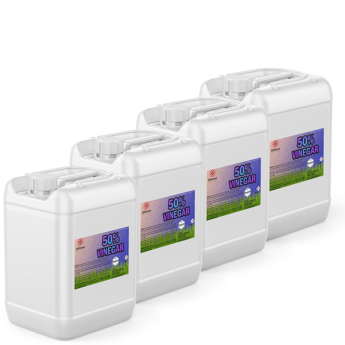 Four 5-gallon HDPE jugs of Alliance Chemical 50% Vinegar - Concentrated Industrial Strength with labels and handles.