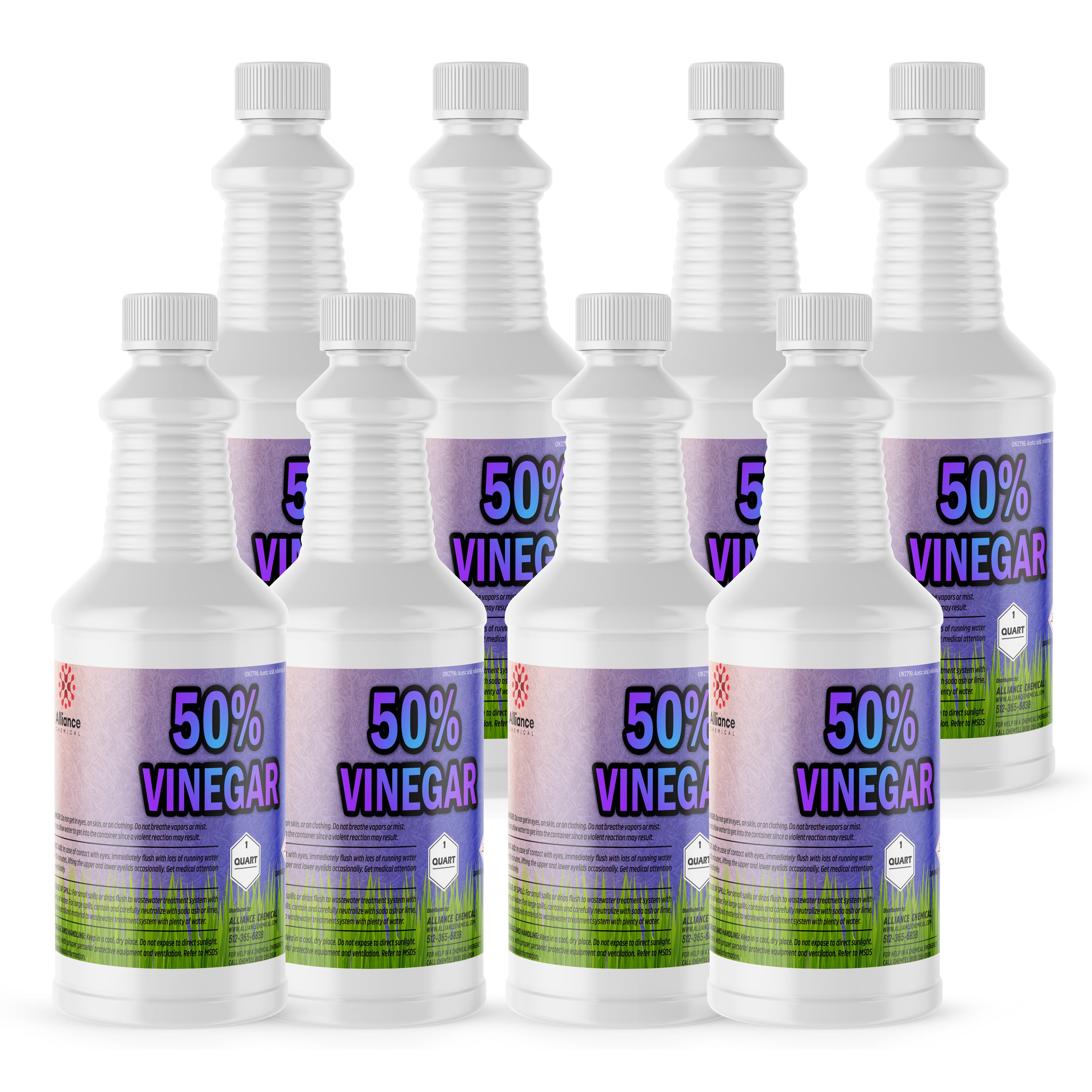8-quart case of 50% concentrated industrial vinegar in white HDPE bottles with purple labels, technical-grade cleaning solution.