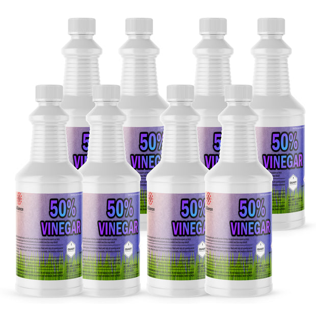 Seven 1-quart plastic bottles of Alliance Chemical 50% Vinegar - Concentrated Industrial Strength with white ribbed caps