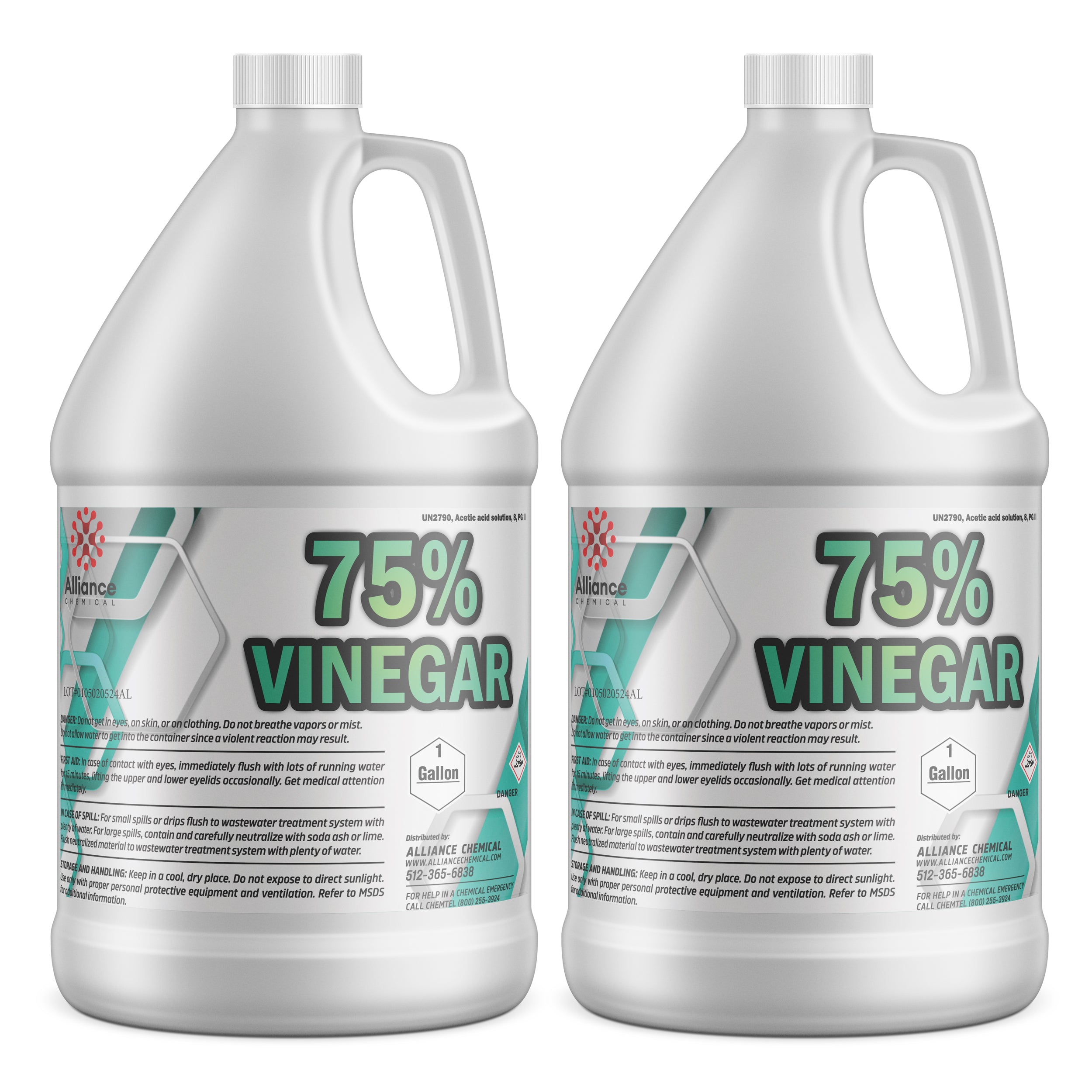 1-gallon jugs of 75% industrial vinegar solution by Alliance Chemical, white HDPE containers with safety warnings and UN2790 acetic acid classification.