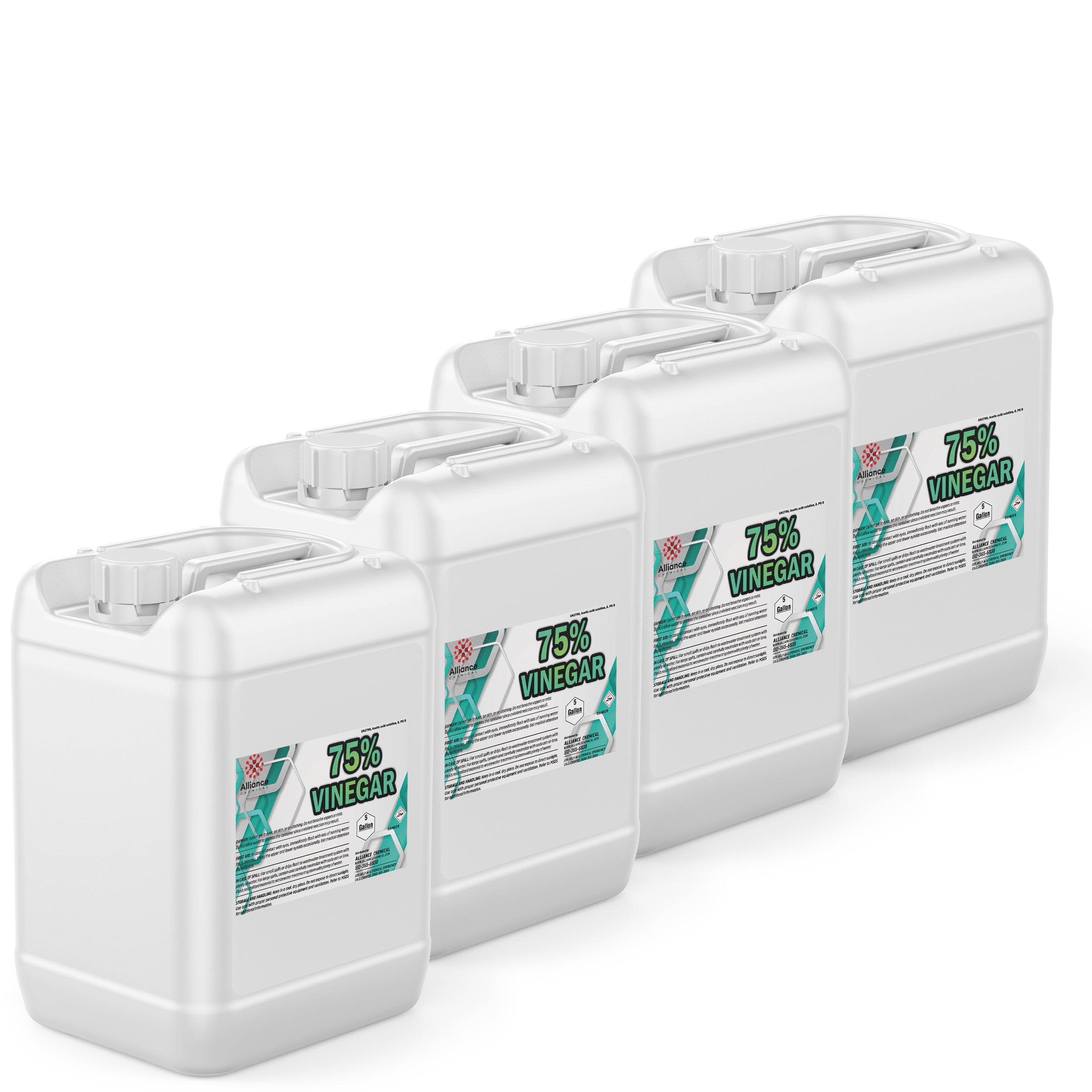 20-gallon set of 75% industrial vinegar in white HDPE containers with chemical safety labels, screw-top caps, and geometric branding.