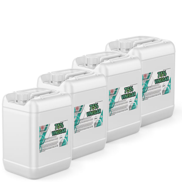 Four 5-gallon HDPE jugs of Alliance Chemical 75% Vinegar with white caps, handles, and product labels