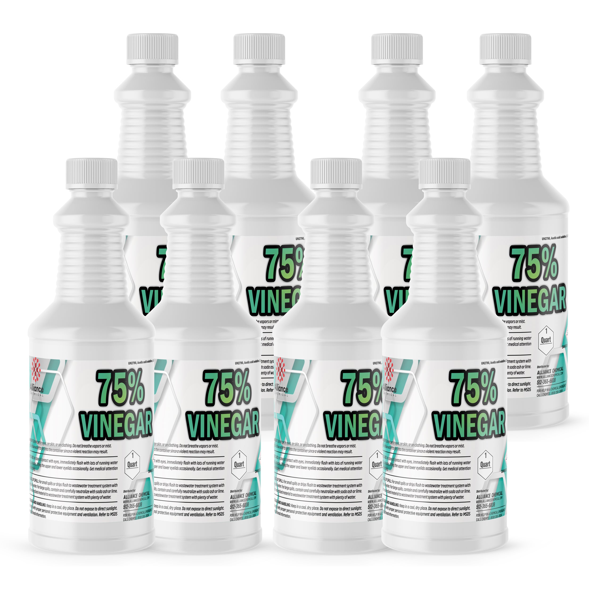 8x1-quart 75% industrial vinegar solution in white HDPE bottles with chemical hazard diamond, child-resistant caps, dilution instructions.