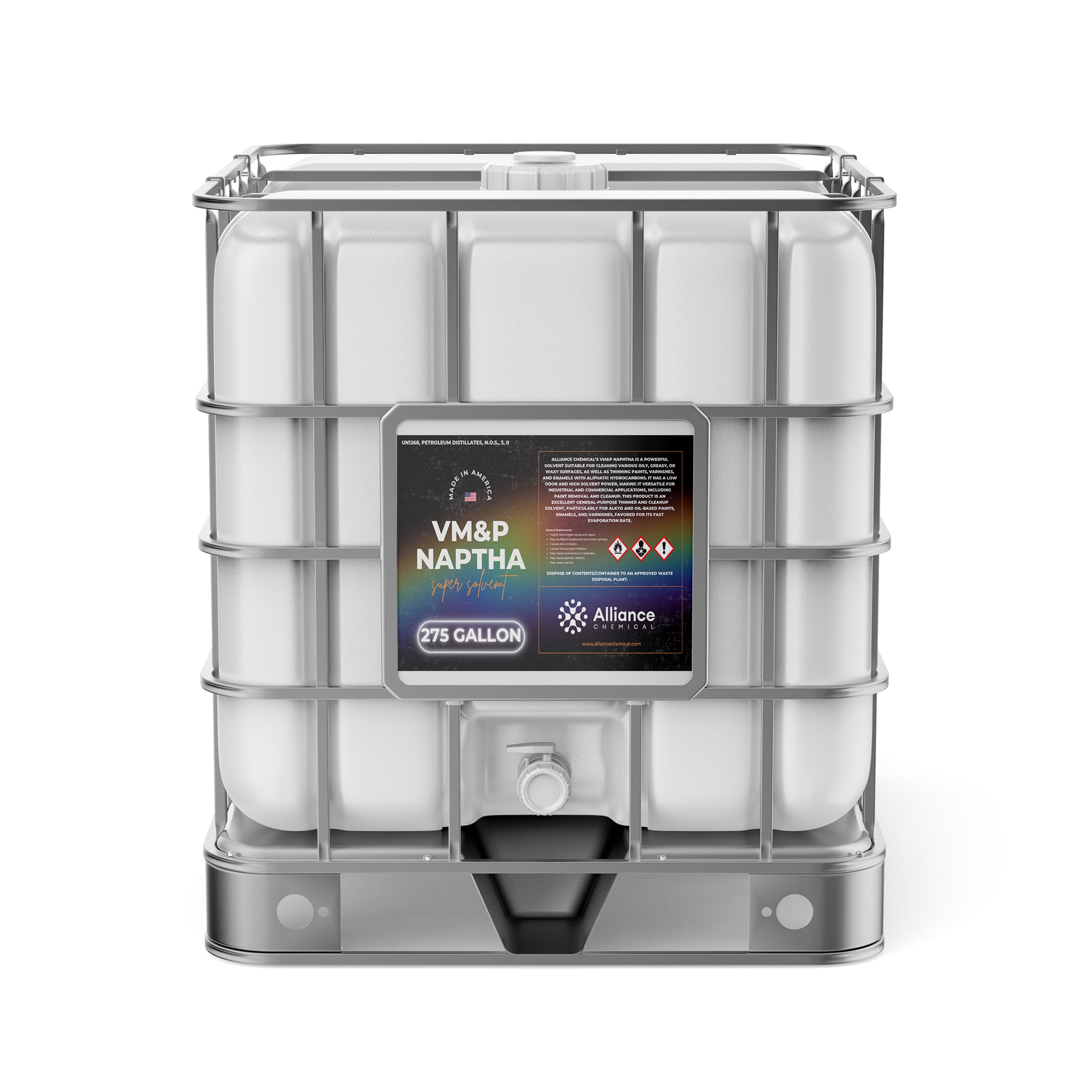 275-gallon IBC tote of VM&P Naptha solvent with metal cage, Alliance Chemical branding, hazard symbols, and bottom discharge valve.