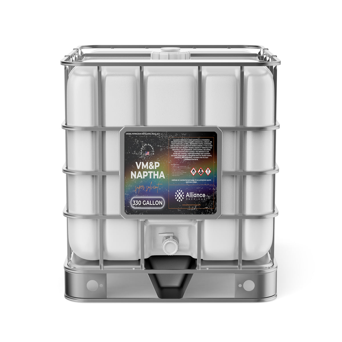 One 330-gallon plastic tote of Alliance Chemical VM&P Naphtha with a steel cage, spigot, and product label.