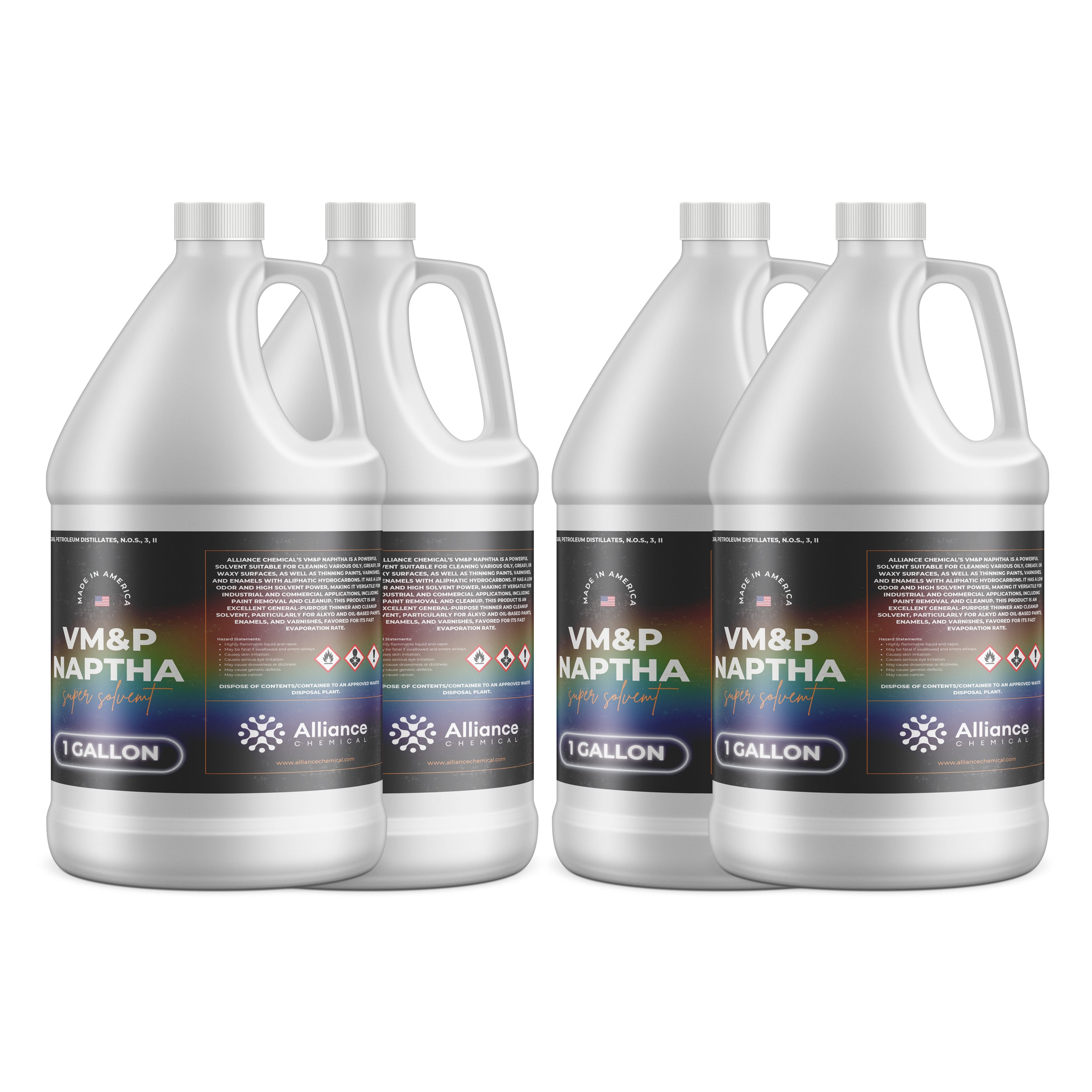 4x1-gallon VM&P Naptha solvent in white HDPE containers with hazard warning labels, made in USA by Alliance Chemical, featuring safety symbols and industrial specifications.