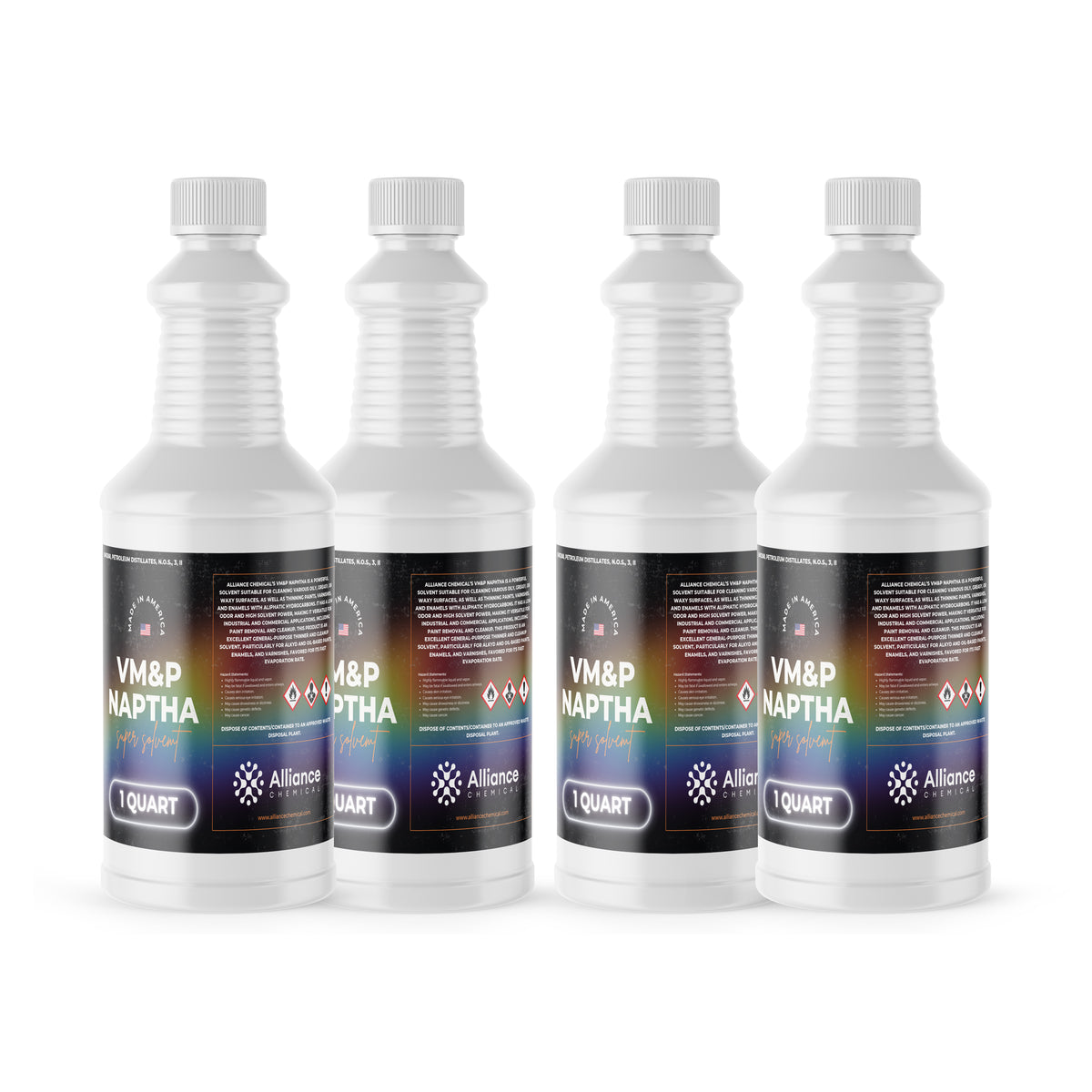 Alliance Chemical 1-quart VM&P Naptha solvent bottles, HDPE containers with safety-sealed caps, GHS warning symbols cleaning