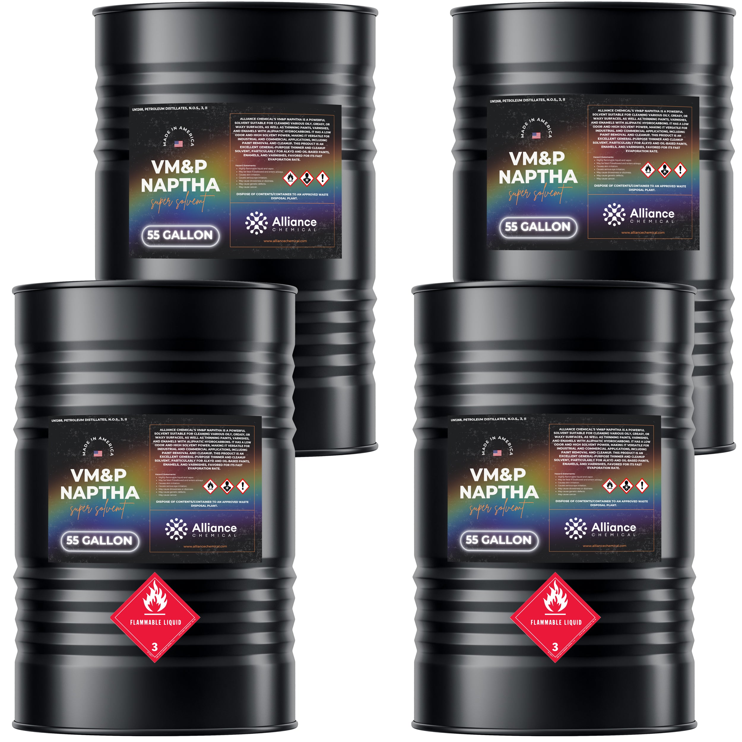 55-gallon black steel drums of VM&P Naptha solvent by Alliance Chemical, displaying flammable liquid Class 3 warning labels and holographic safety seals.