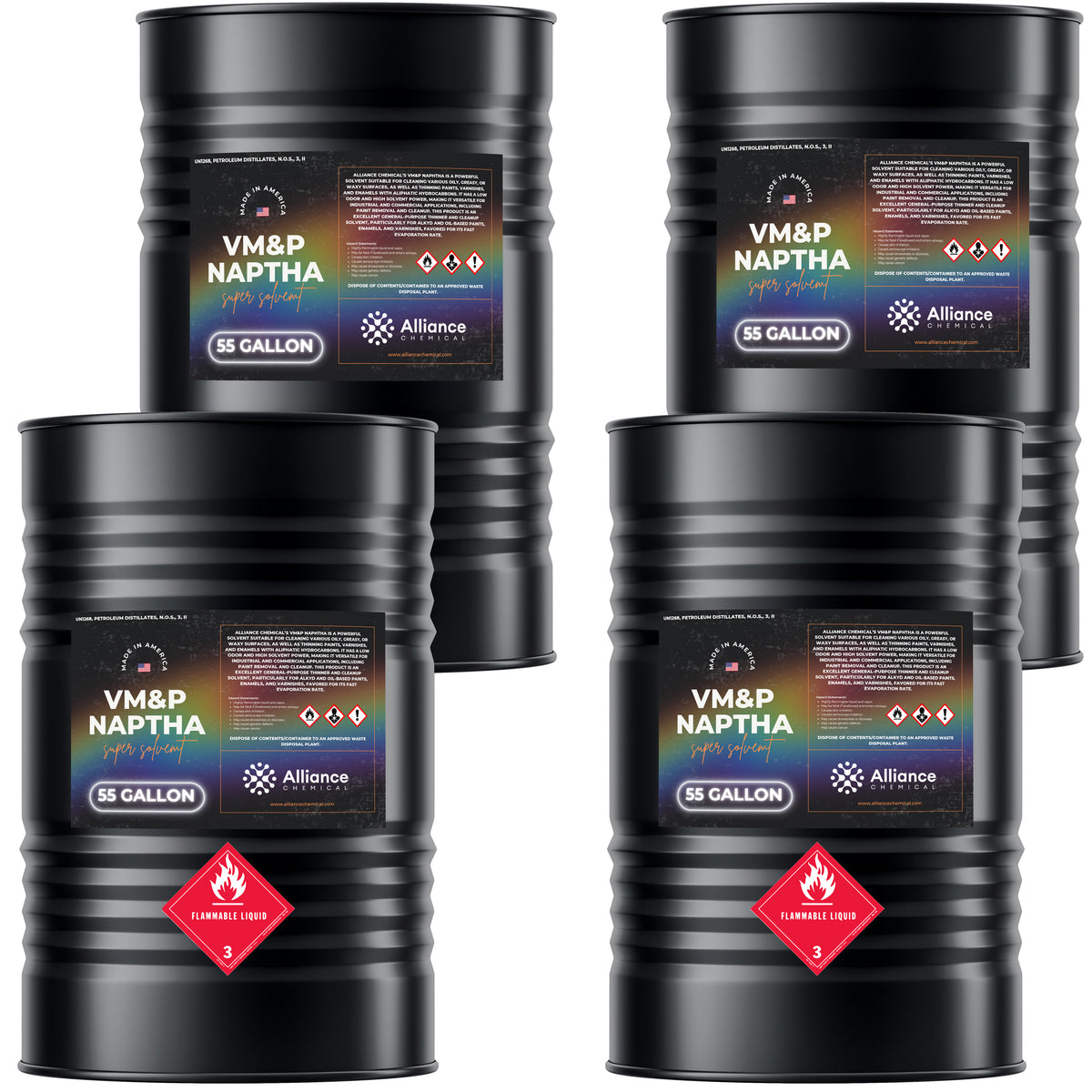 Alliance Chemical 55-gallon black steel drums of VM&P Naptha solvent, displaying flammable liquid