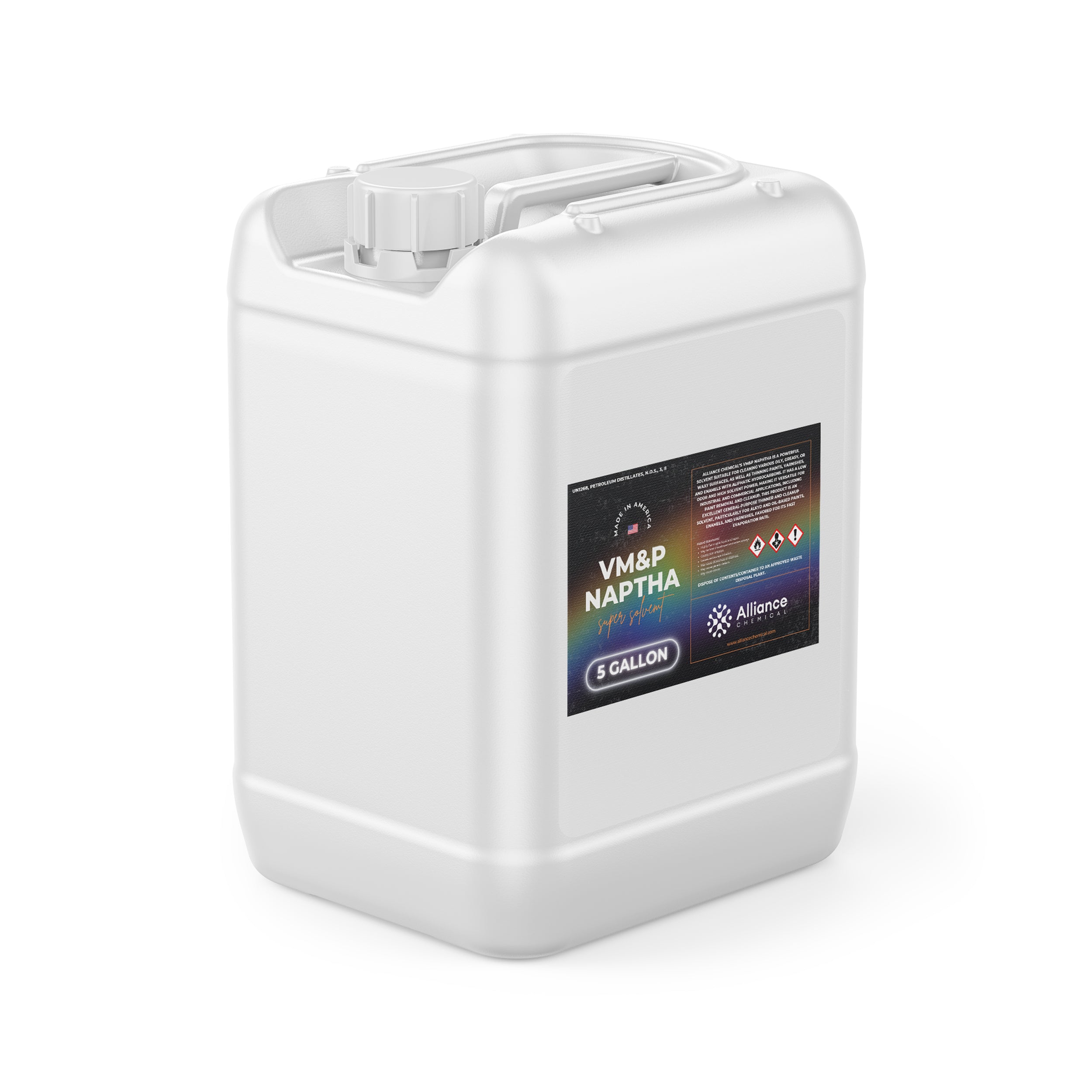 5-gallon VM&P Naptha solvent in white HDPE industrial container with holographic safety label, screw-top cap, and hazard warning symbols.