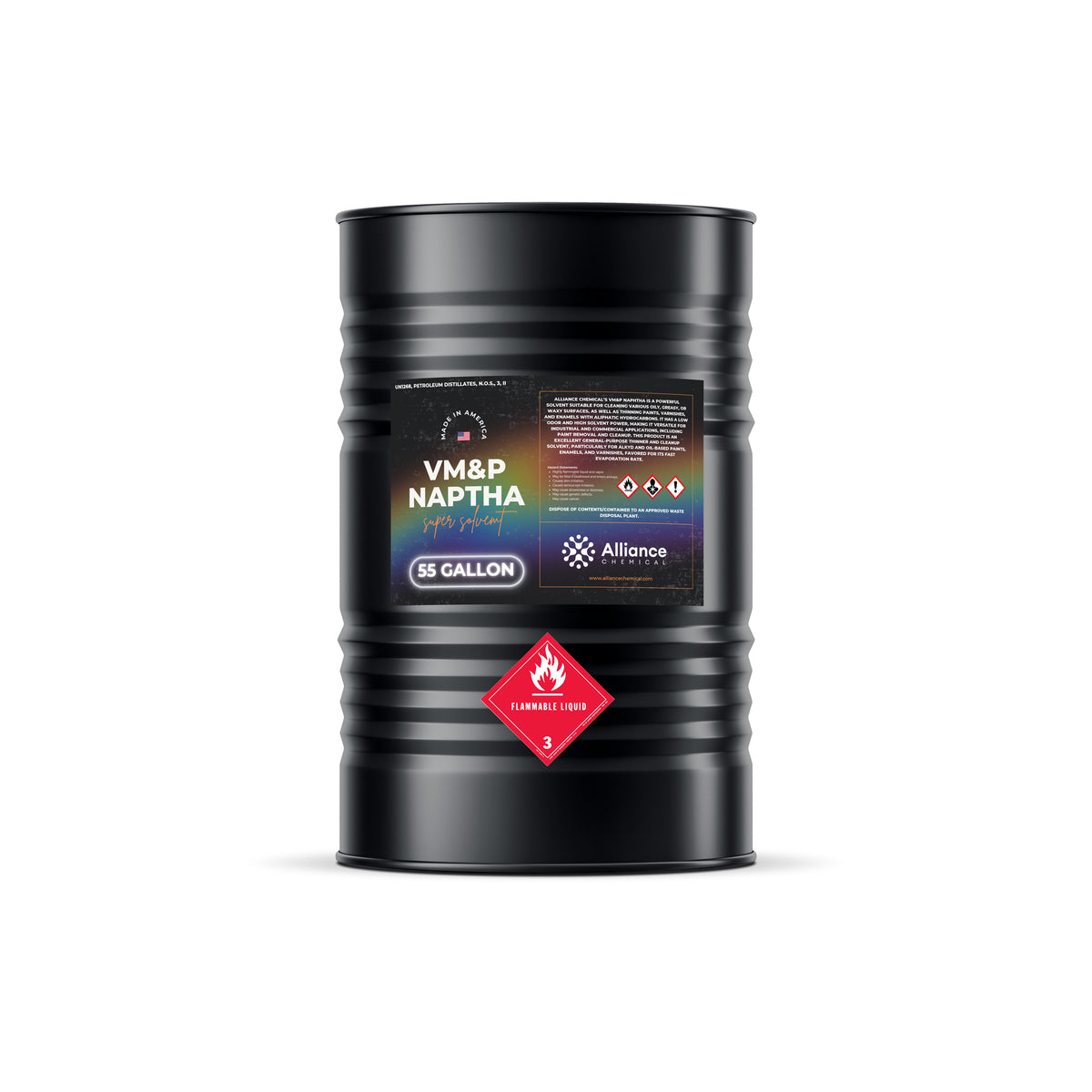 55-gallon black steel drum of VM&P Naptha solvent by Alliance Chemical