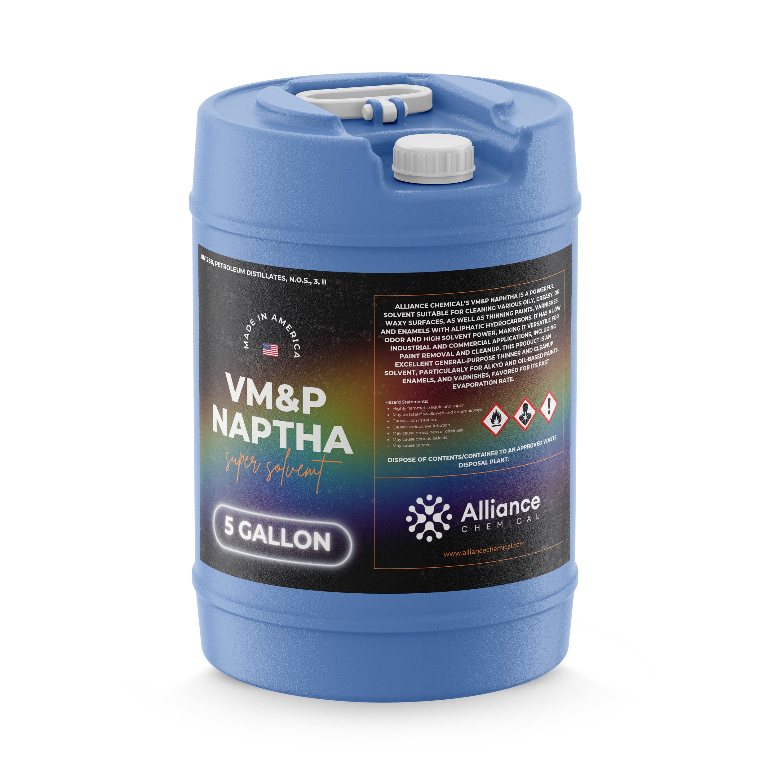 5-gallon blue HDPE carboy of VM&P Naptha super solvent with flammable/hazardous materials warnings, made in USA by Alliance Chemical.
