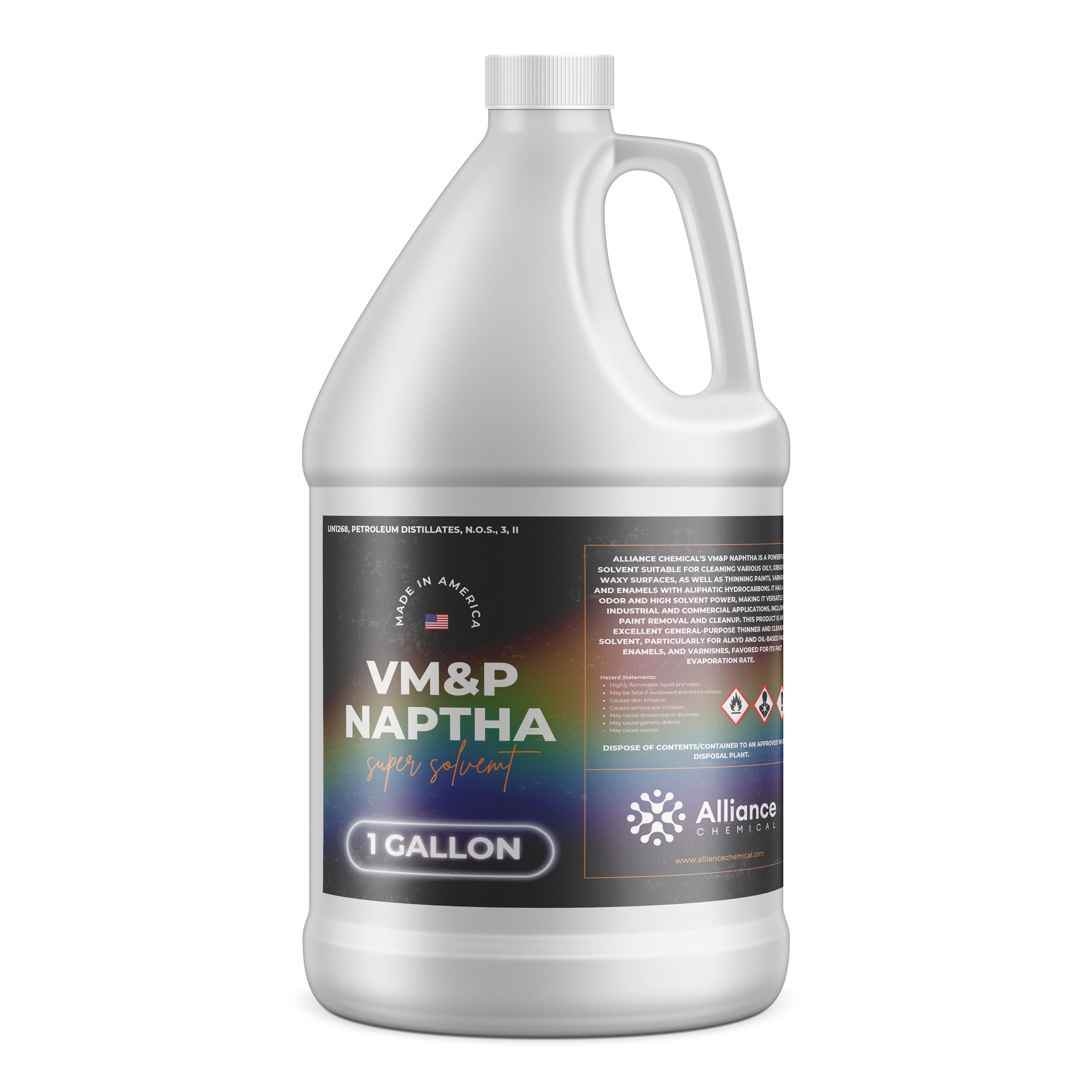 One-gallon white HDPE container of VM&P Naptha super solvent by Alliance Chemicals, featuring Made in America label and flammable hazard symbols.