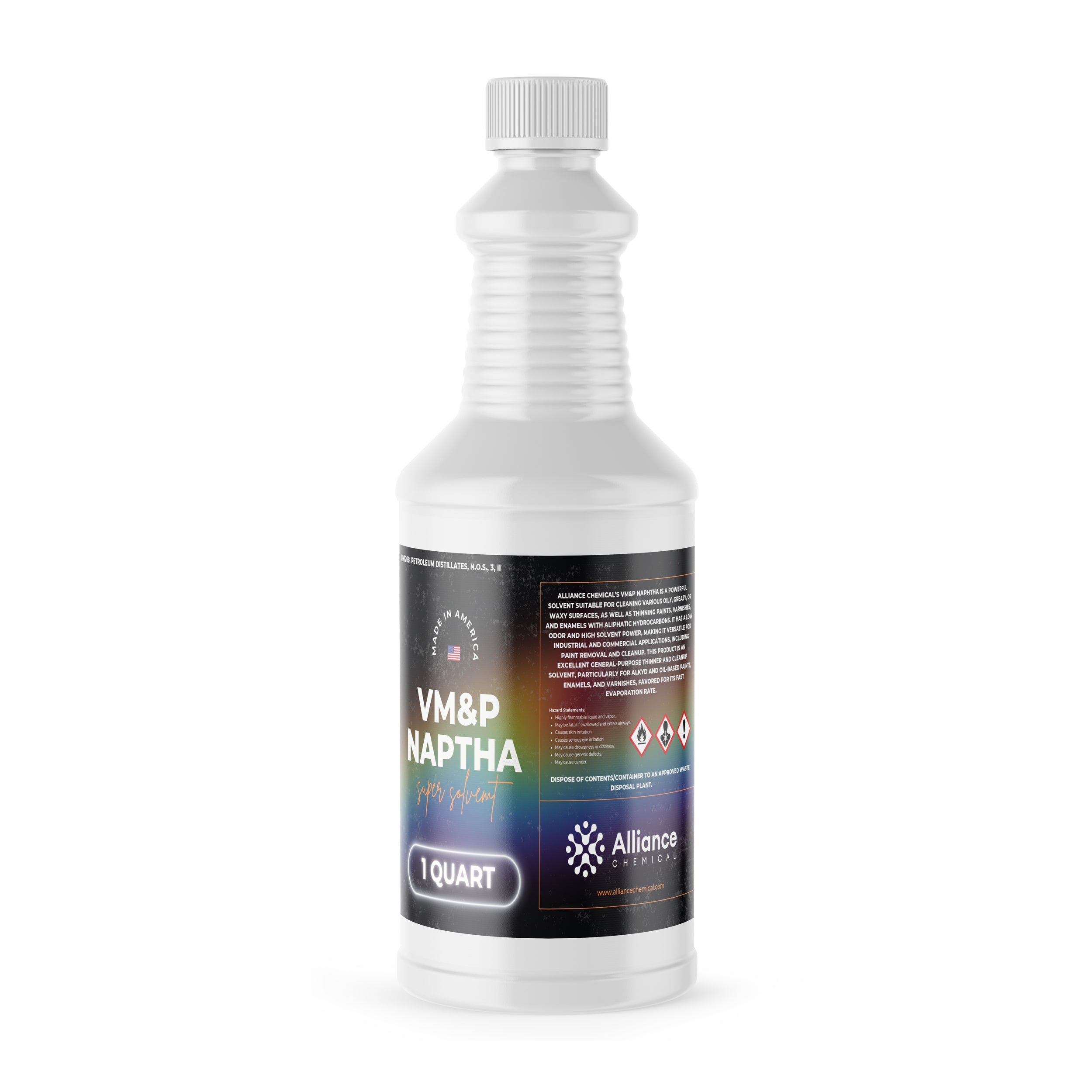 1-quart VM&P Naptha industrial solvent in white HDPE bottle with ribbed grip, hazard warning symbols, Alliance Chemicals branding.