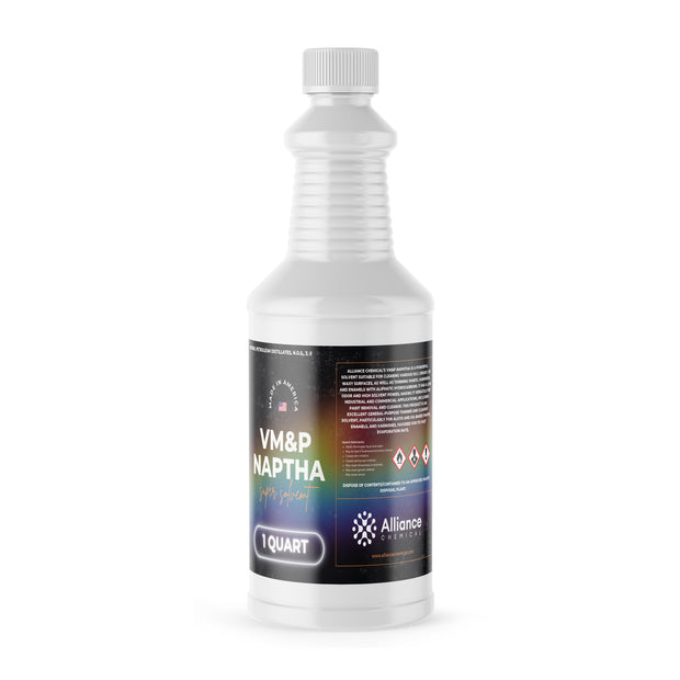 1-quart VM&P Naptha industrial solvent in HDPE bottle hazard warning symbols, Alliance Chemicals branding