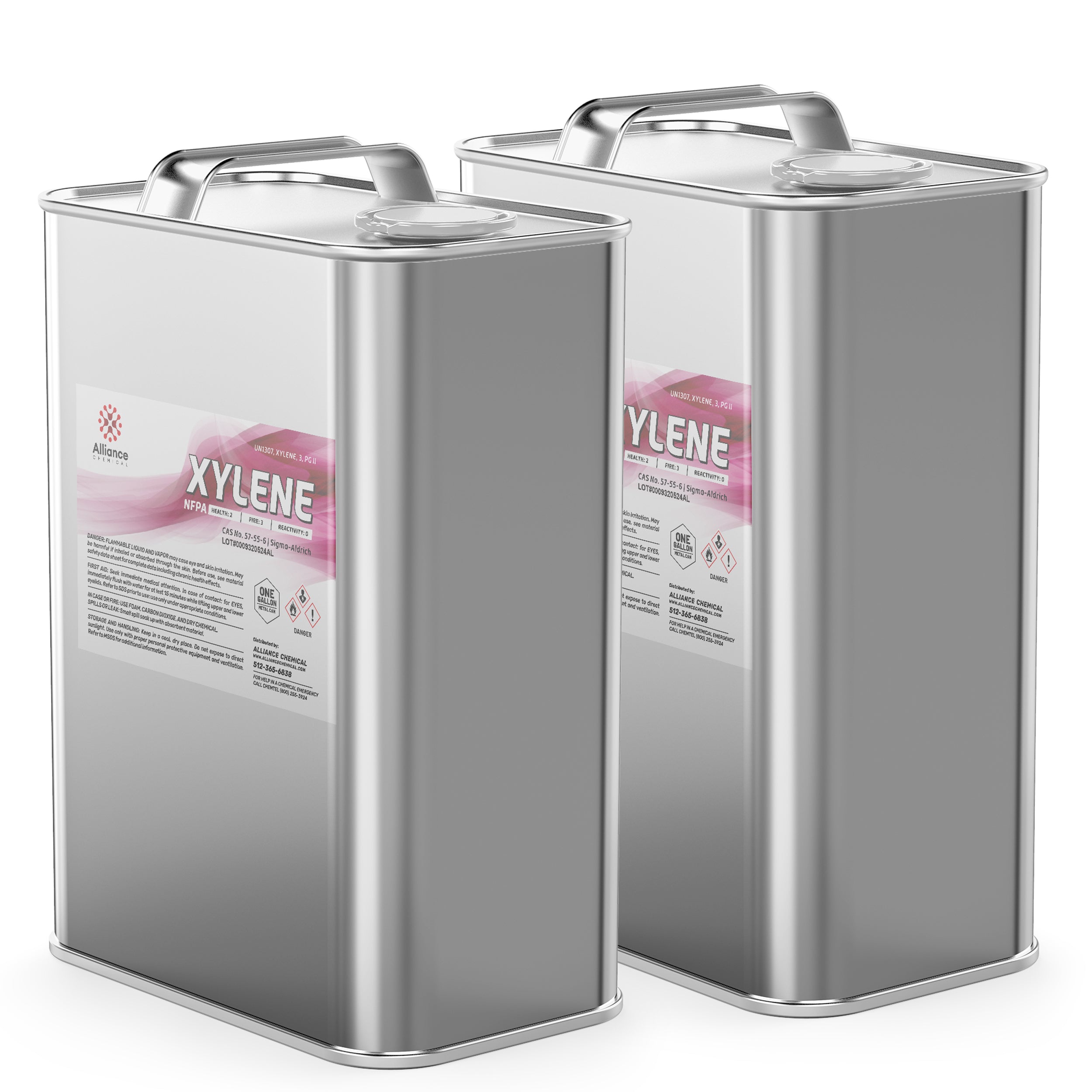 2-gallon industrial xylene solvent in silver metal canisters with safety handles, NFPA diamond warning labels, and Alliance Chemical branding in pink gradient.