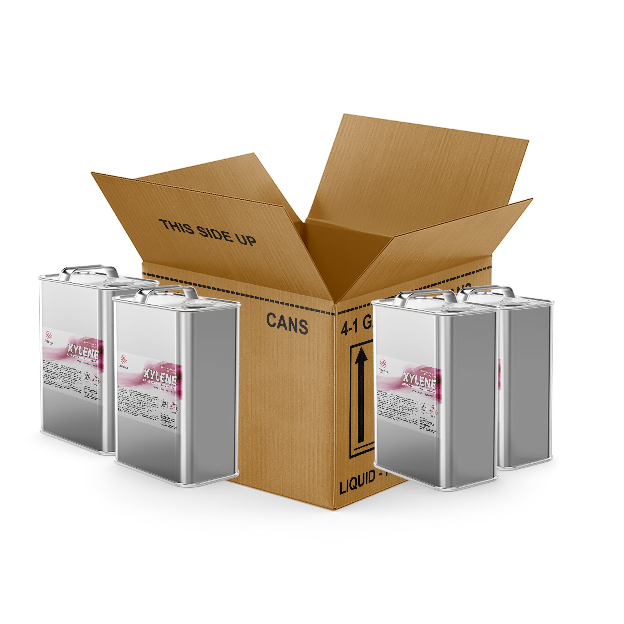 4x1-gallon xylene in sealed metal cans with hazard labels, packaged in corrugated cardboard box marked LIQUID and THIS SIDE UP.
