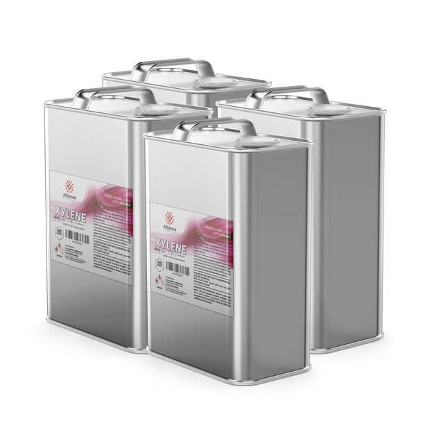 4-quart set of industrial xylene solvent in sealed metal safety cans with handles, hazard warning labels, and Alliance