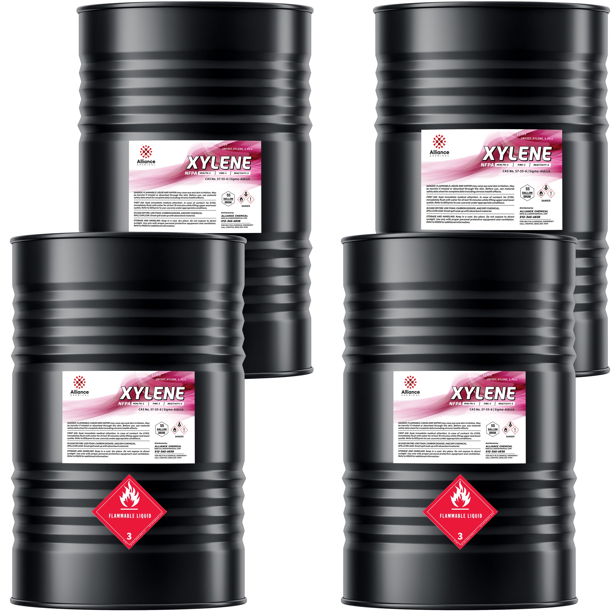 55-gallon steel drums of industrial xylene solvent, displaying Alliance Chemical labels, Class 3 flammable liquid warning placards, and black ribbed design.