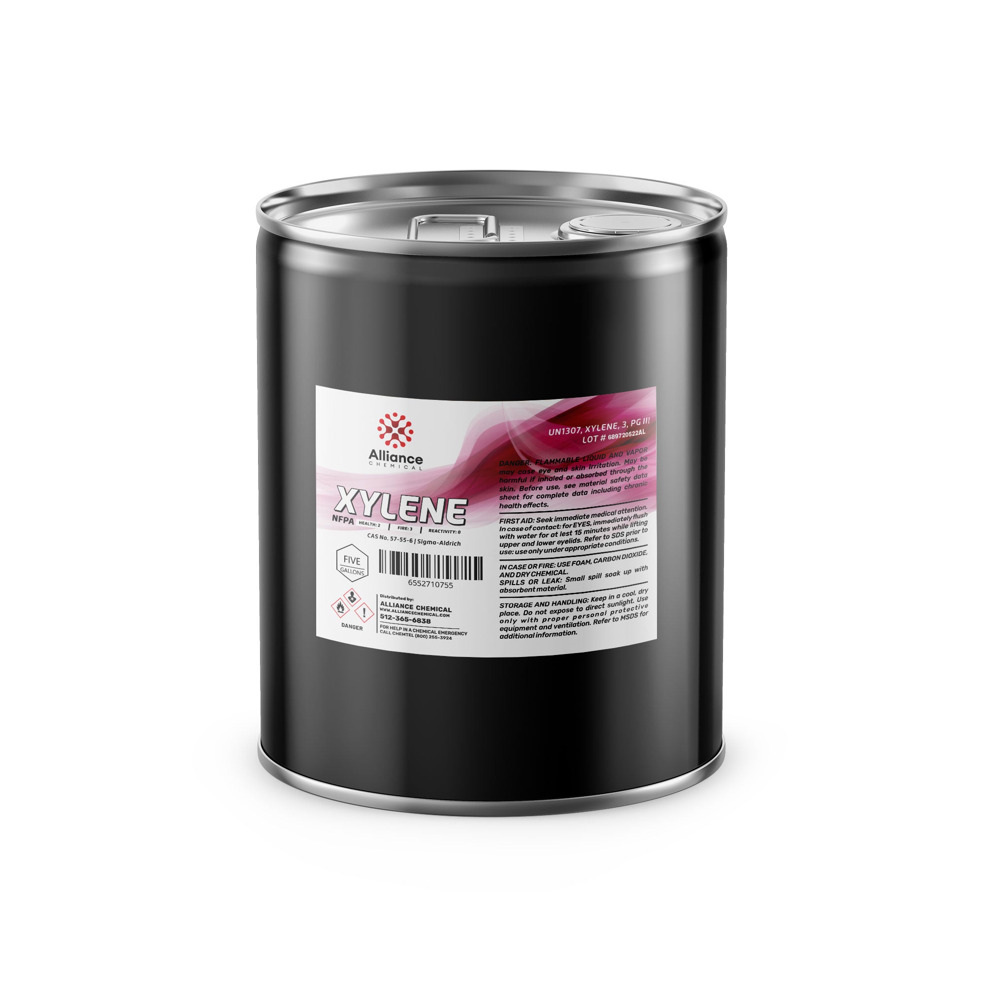 5-gallon steel drum of industrial xylene solvent with NFPA diamond, flammable/health hazard symbols, Alliance Chemical branding on black container.