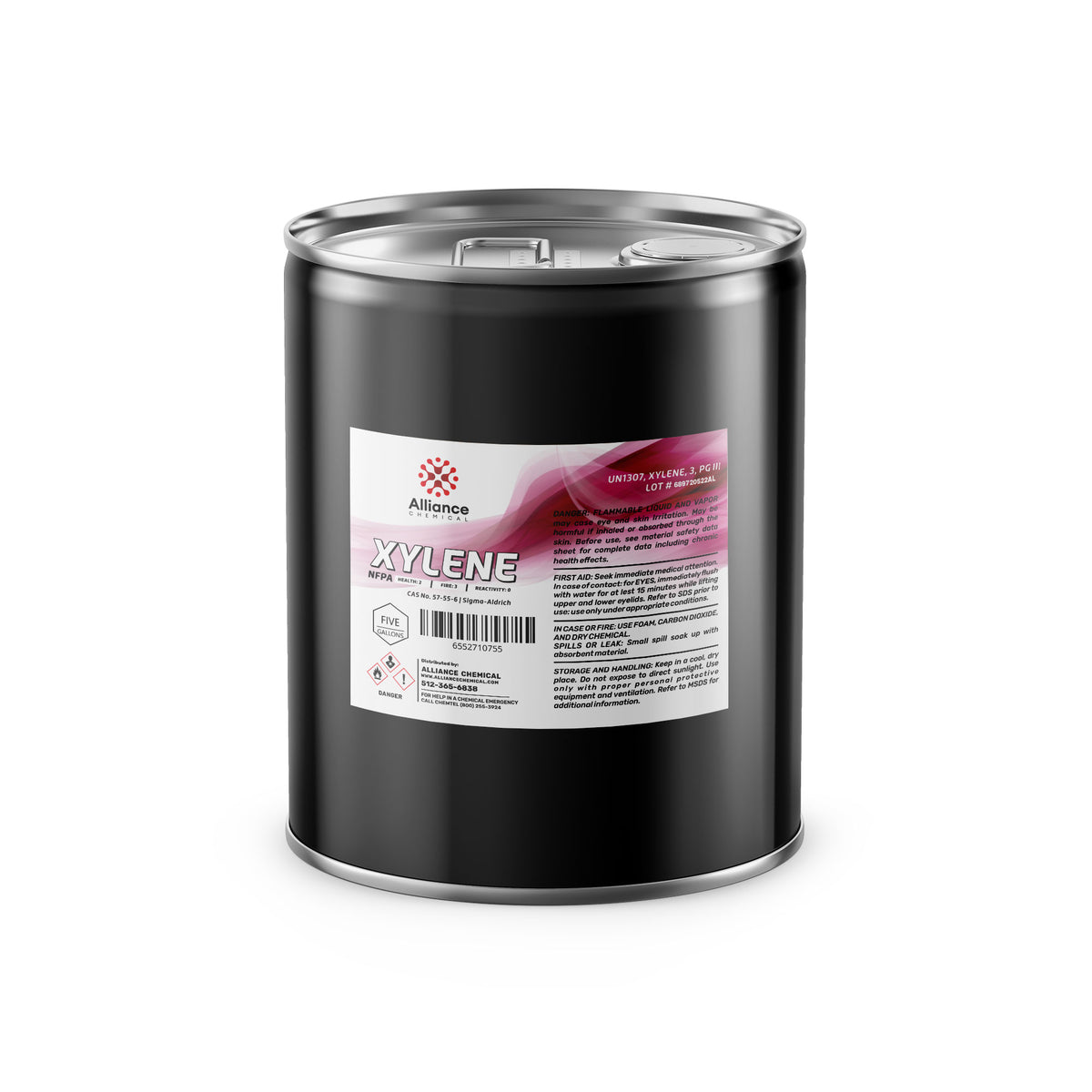 5-gallon steel drum of industrial xylene solvent with NFPA diamond, flammable/health, Alliance Chemical branding on black