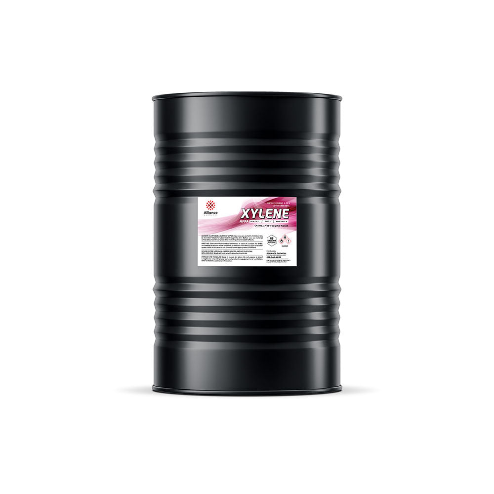 55-gallon black steel drum of industrial xylene solvent with hazard warning labels, Alliance Chemical branding, and corrugated sidewall design.