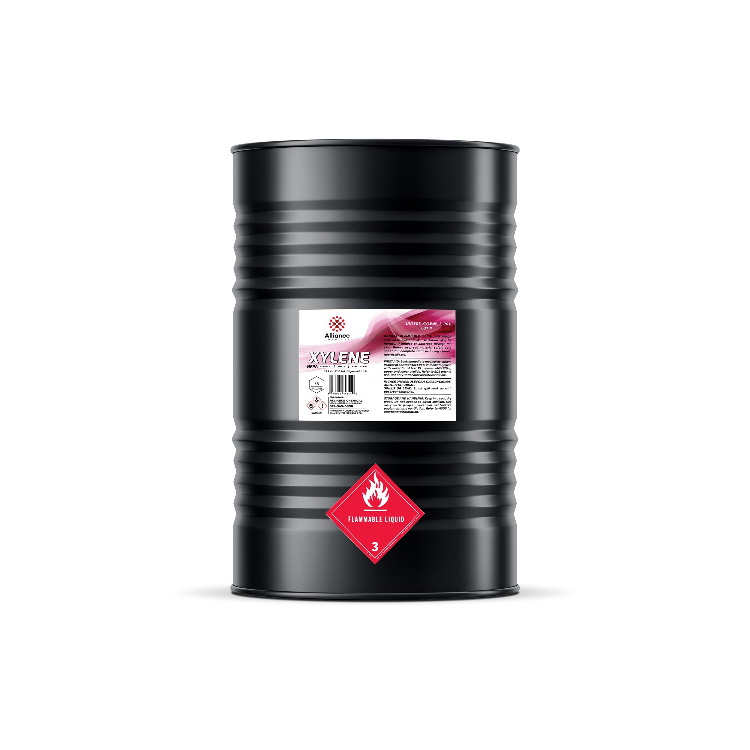 55-gallon black steel drum of industrial xylene with flammable liquid Class 3 placard, Alliance Chemical label, and corrugated sidewall design.