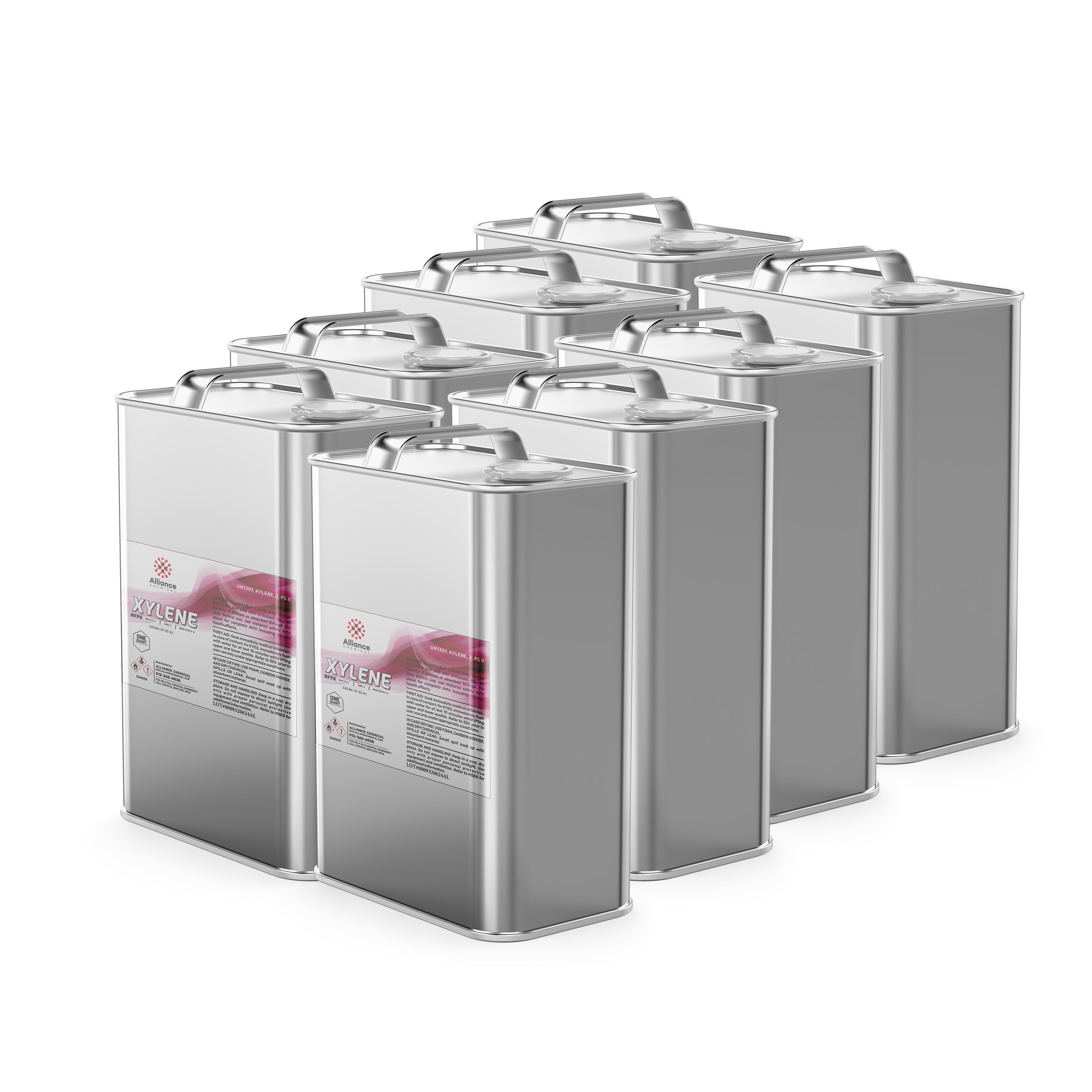 8x1-quart metal canisters of industrial xylene solvent in silver-finish containers with safety labels, carrying handles, and sealed tops.