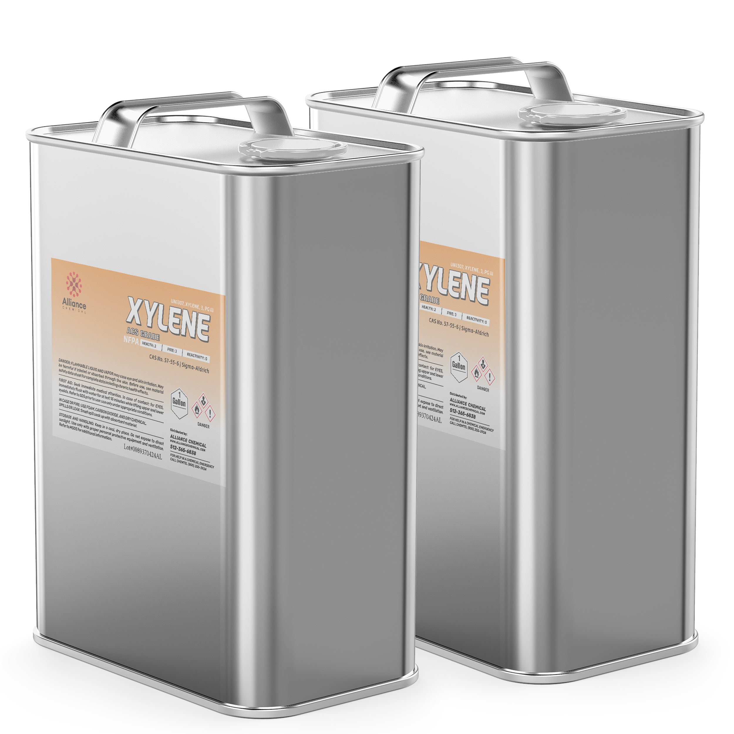 2-gallon metal canisters of ACS-grade Xylene solvent in silver containers with orange-labeled Alliance Chemical branding, hazard warning symbols and carry handles.