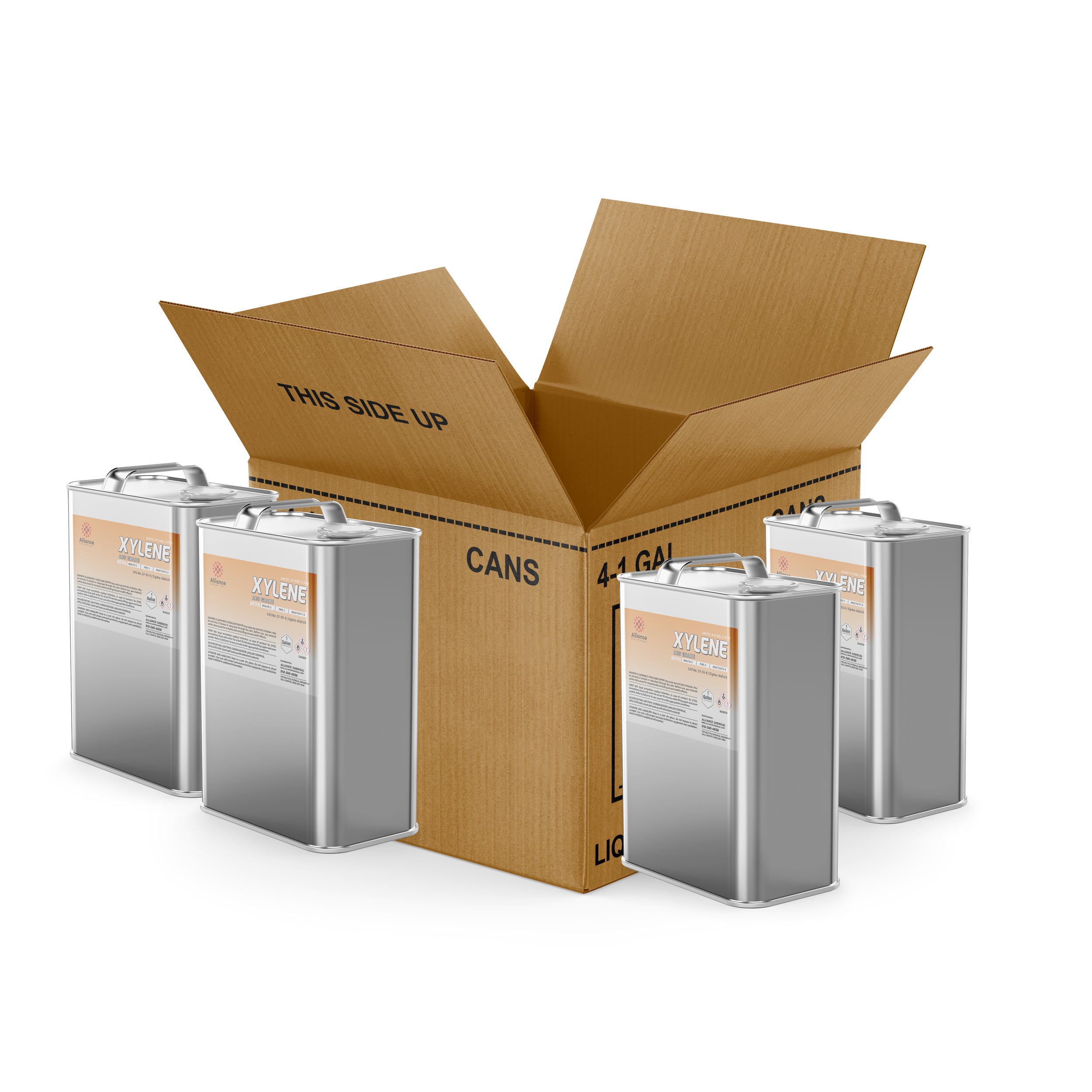 4x1-gallon Xylene ACS-grade chemical reagent in sealed metal cans with hazard labeling, packaged in cardboard box marked THIS SIDE UP.