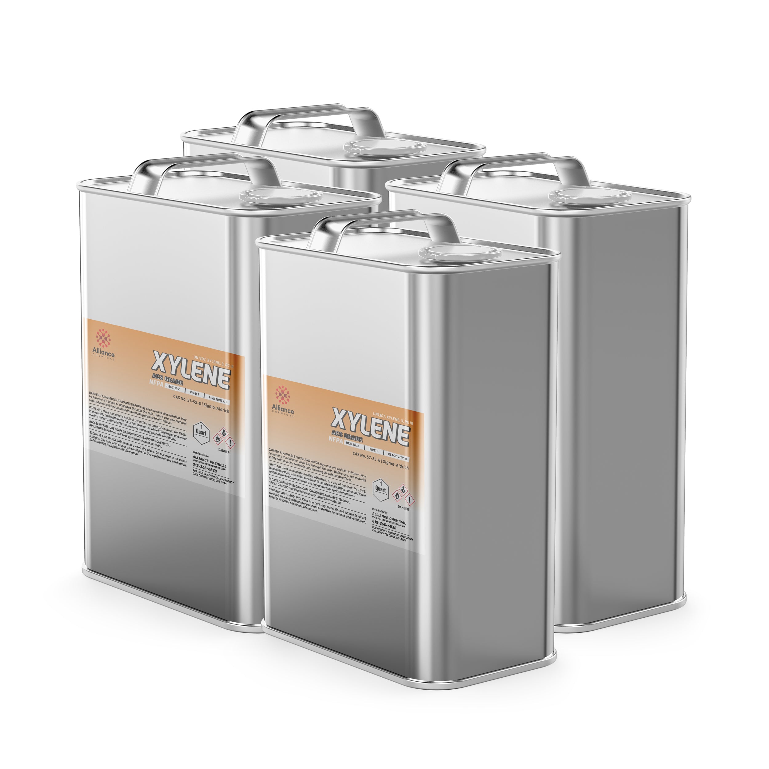 4x1-quart metal canisters of ACS-grade xylene solvent in silver containers with orange labels, hazard warning symbols, and safety-sealed caps.