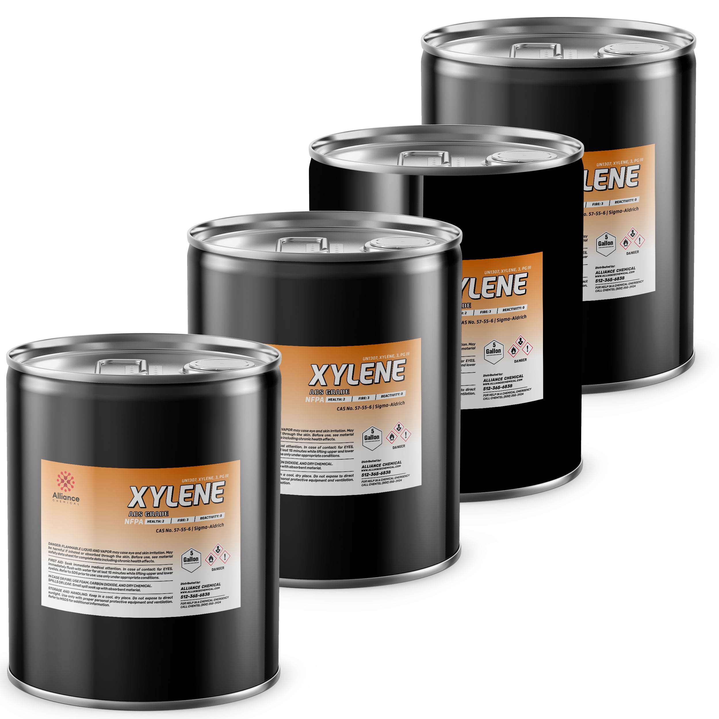 4x5-gallon black steel drums of ACS-grade Xylene solvent with NFPA diamond, GHS pictograms, and Alliance Chemical safety labels.