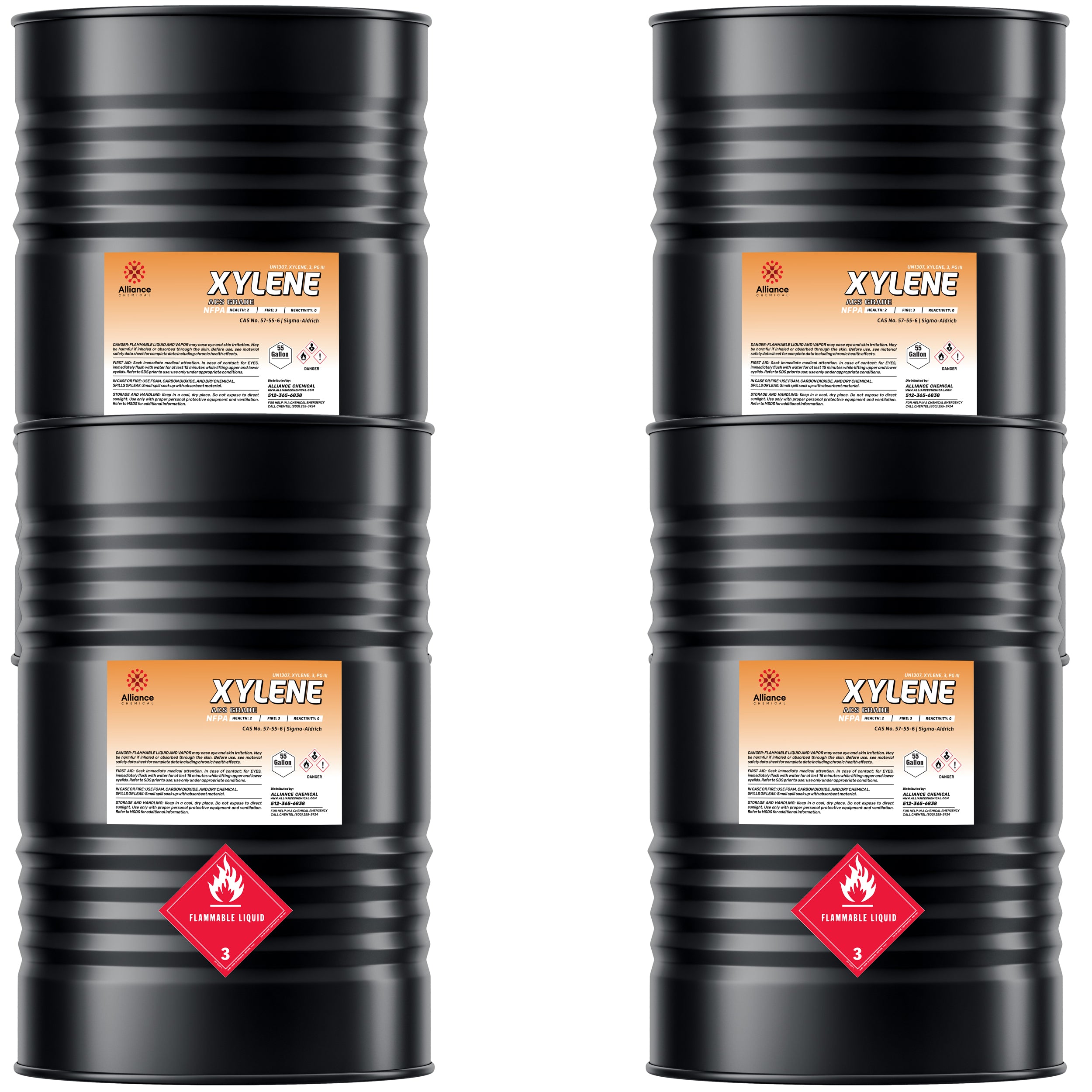 55-gallon black steel drums of ACS-grade Xylene solvent from Alliance Chemicals, displaying flammable liquid Class 3 warning labels and product identification panels.