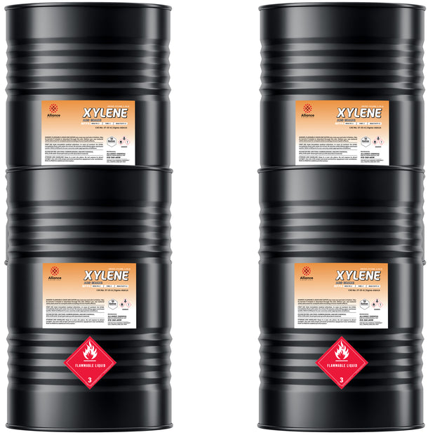 Alliance Chemical 55-gallon black steel drums of ACS-grade Xylene solvents, displaying flammable liquid