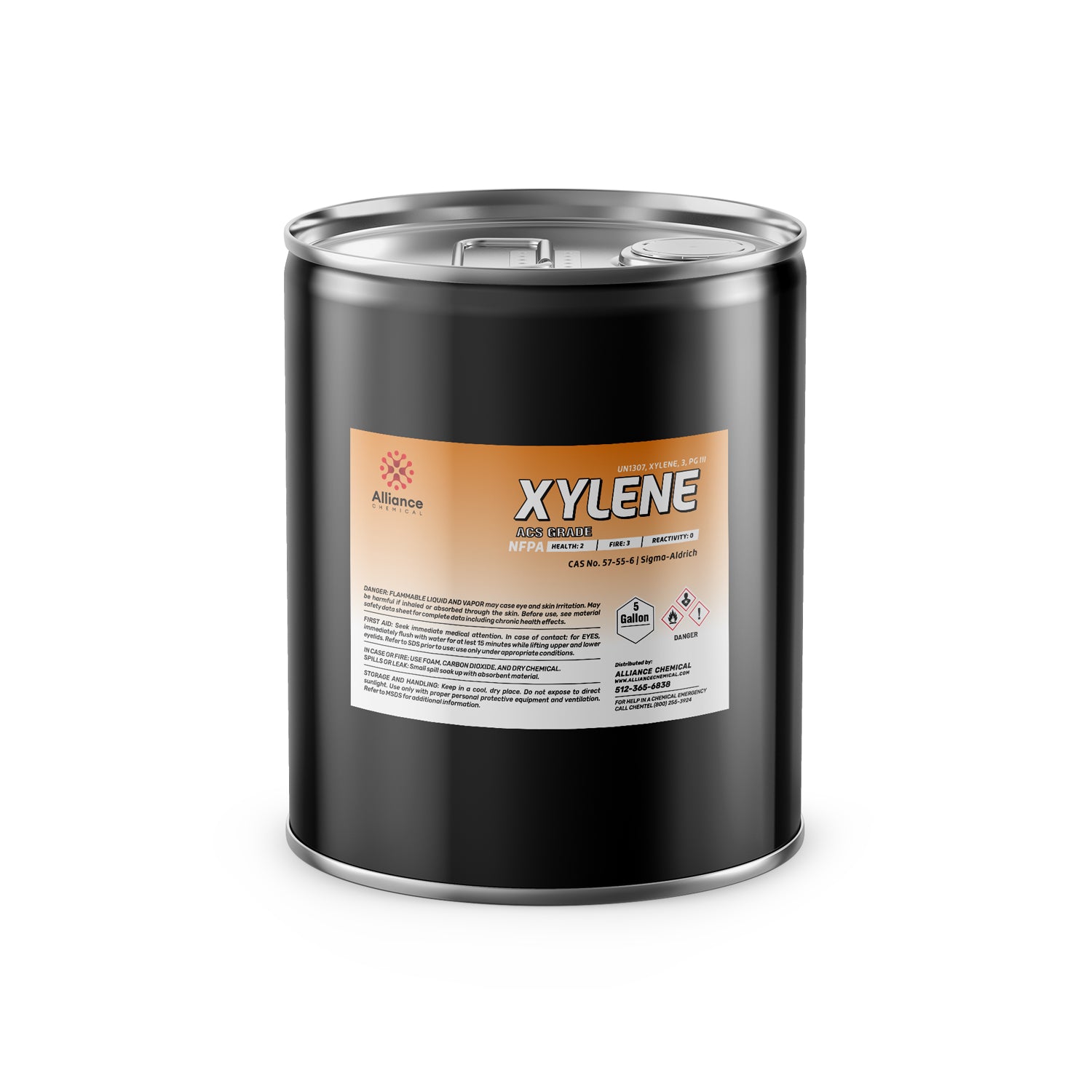 5-gallon black steel drum of ACS-grade Xylene solvent by Alliance Chemical, featuring NFPA diamond, CAS registry, and flammable/health hazard symbols.