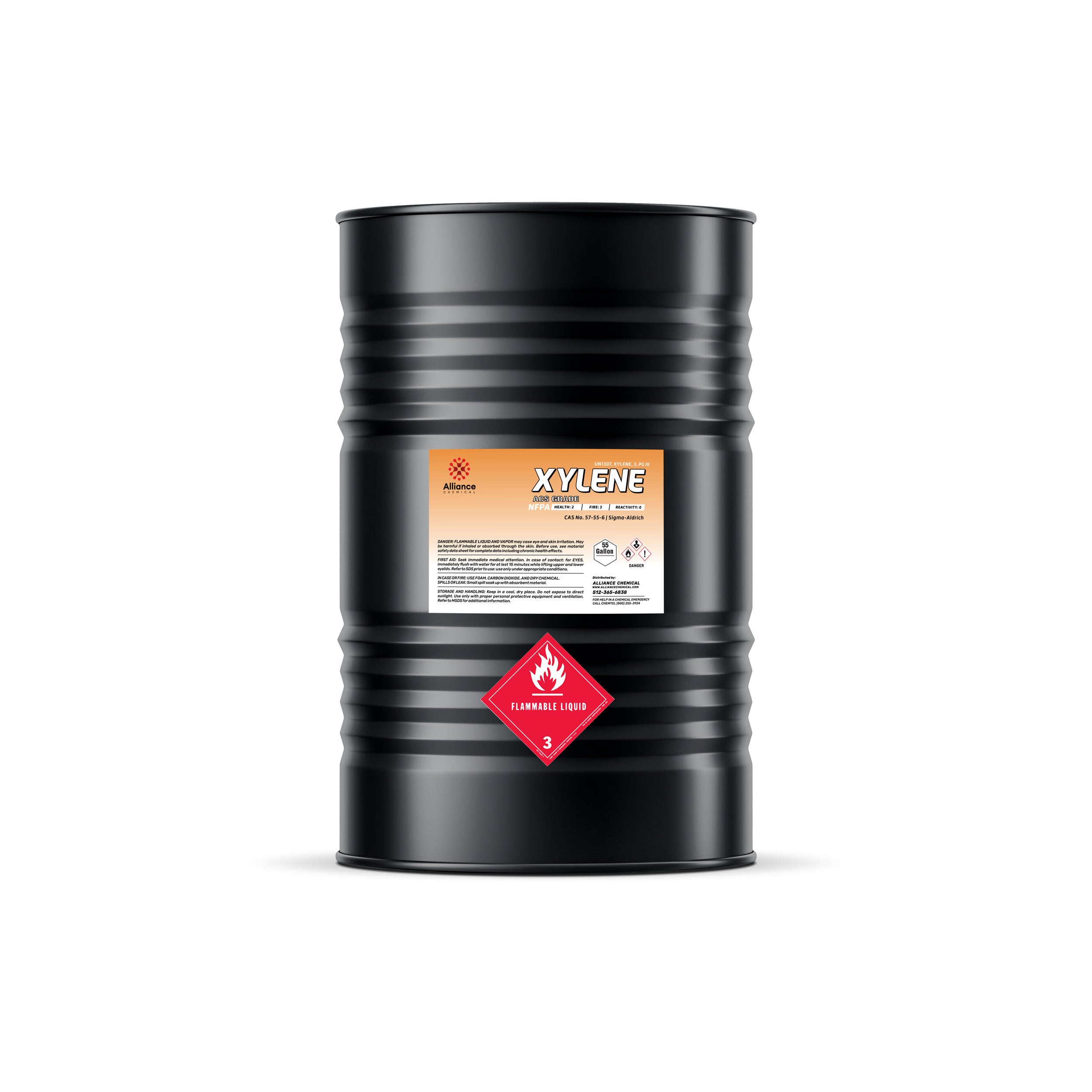 55-gallon black steel drum of ACS-grade xylene with Alliance Chemical label, flammable liquid Class 3 placard, and industrial safety warnings.