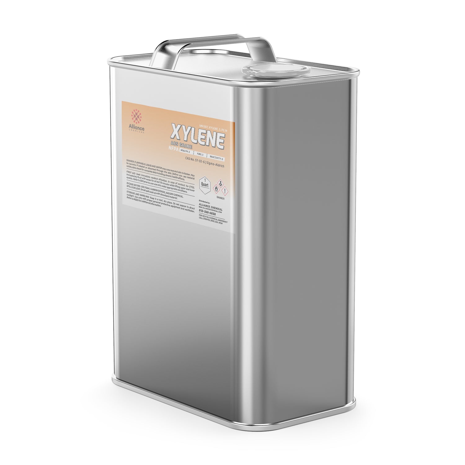 1-quart metal canister of ACS-grade xylene solvent with Alliance Chemical label, hazard warning symbols, and professional-grade steel handle.