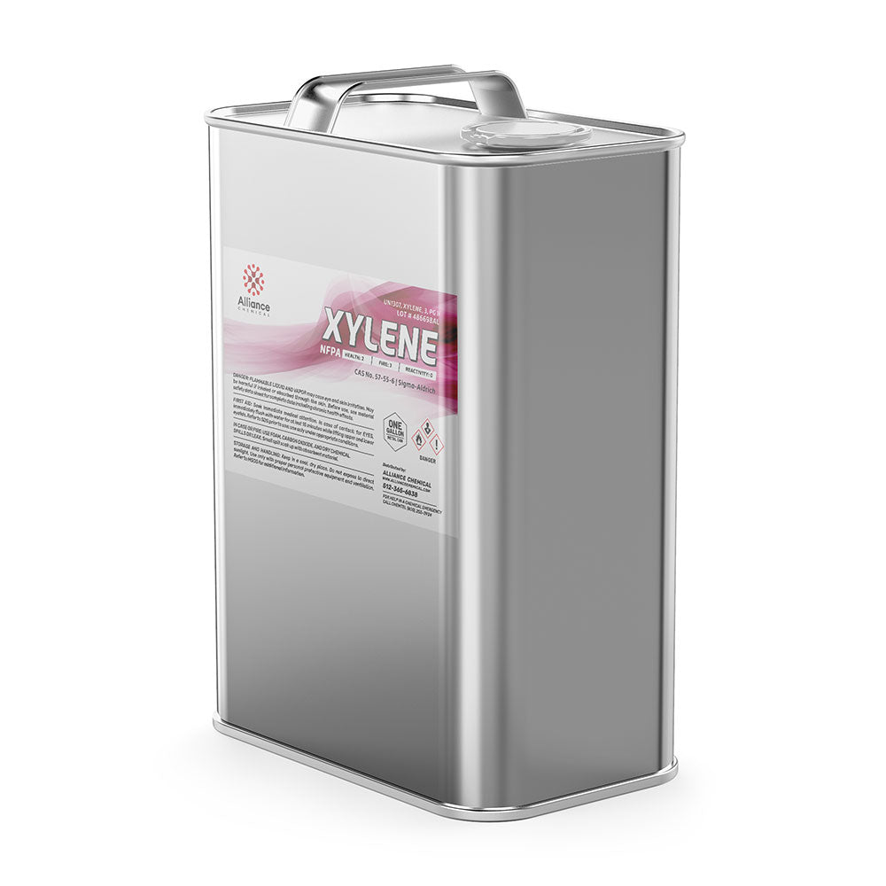 One-gallon steel canister of industrial xylene solvent by Alliance Chemical, featuring NFPA diamond warning label and metallic handle grip.