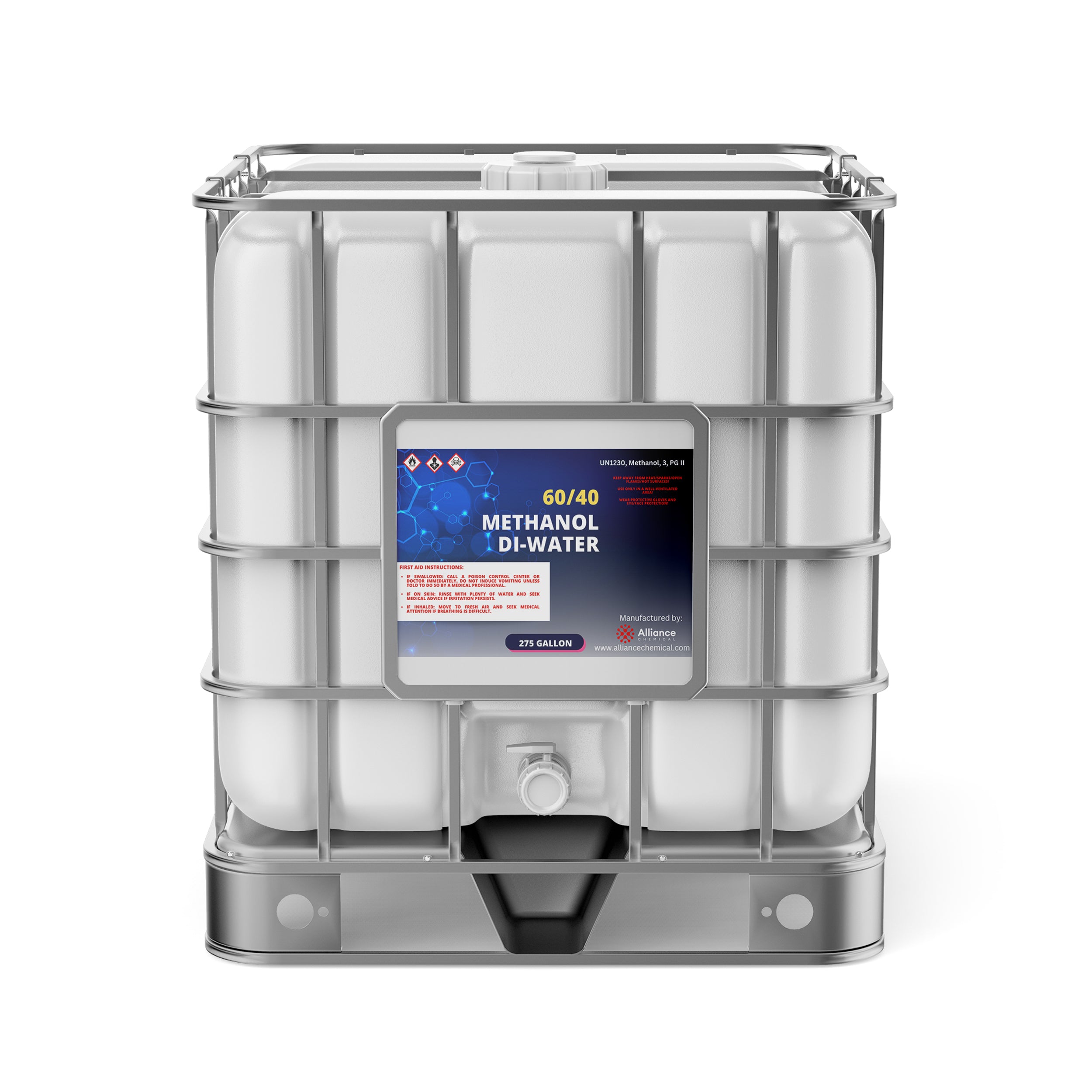 275-gallon IBC tote of 60/40 Methanol-DI Water solution with UN hazard symbols, metal cage frame, bottom discharge valve, and manufacturer label.