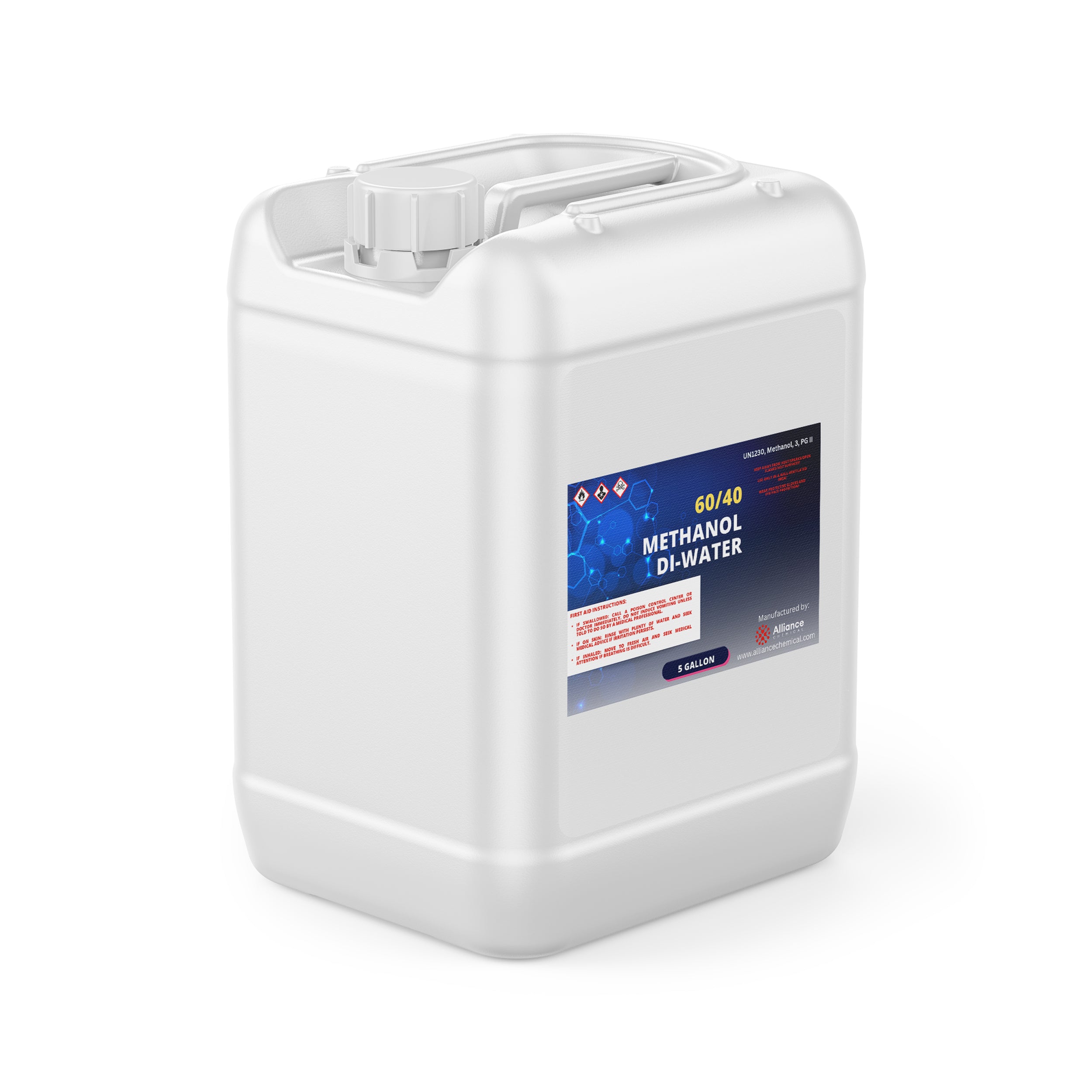 5-gallon white HDPE container of 60/40 Methanol-DI Water solution with hazard warning symbols, industrial label, and secure screw cap closure.