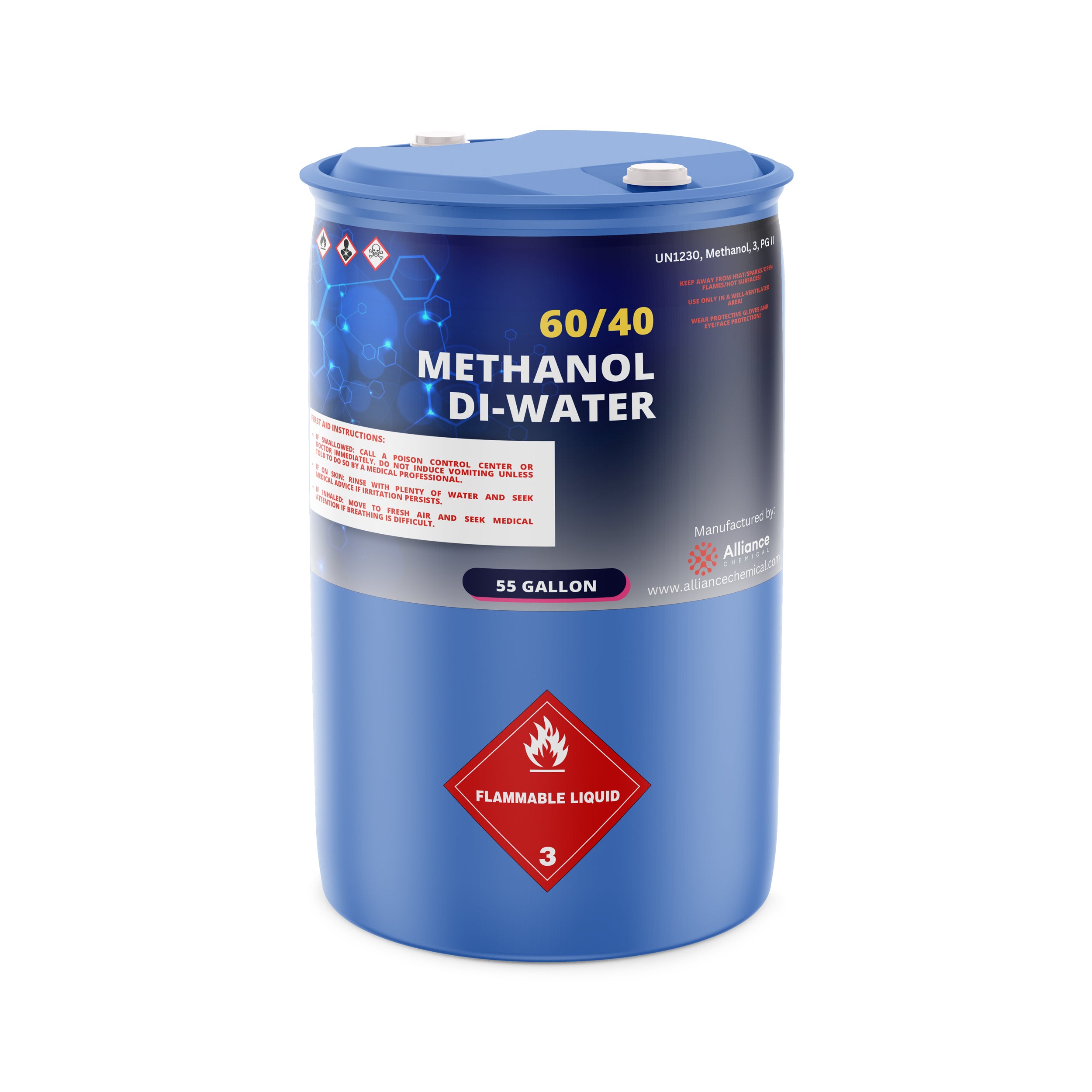 55-gallon blue drum of 60/40 Methanol Di-Water solution, UN1230 flammable liquid Class 3 hazard label, manufactured by Alliance Chemical.